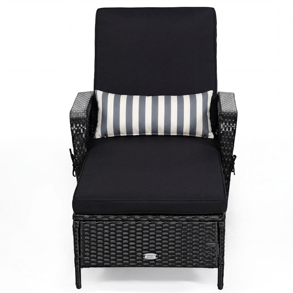 Patio Wicker Chaise Lounge Chair with Pillow and Adjustable Backrest with Cushion-Black
