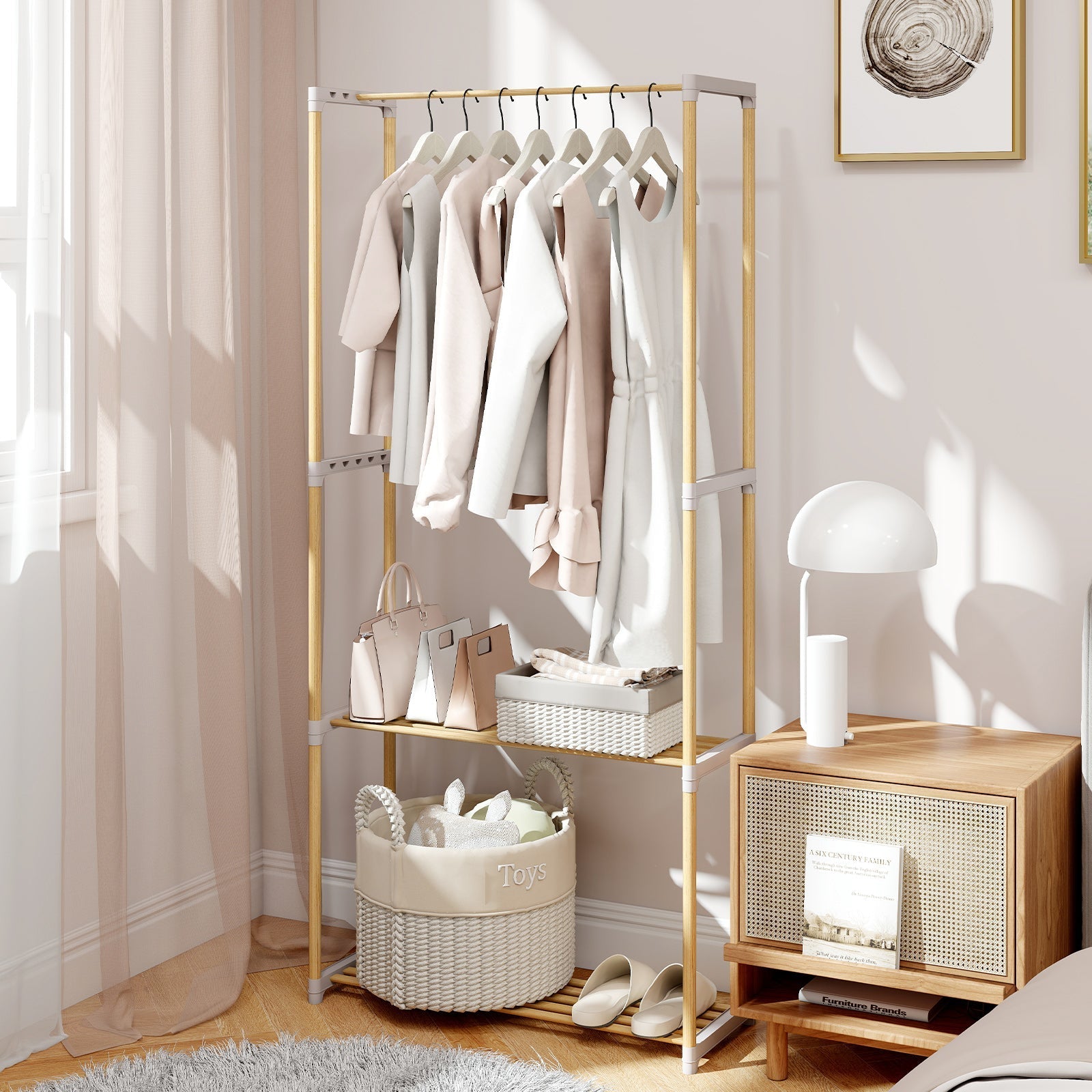 Pine Wood Clothes Rack with 2-Tier Open Storage Shelf for Hanging Clothes-Gray