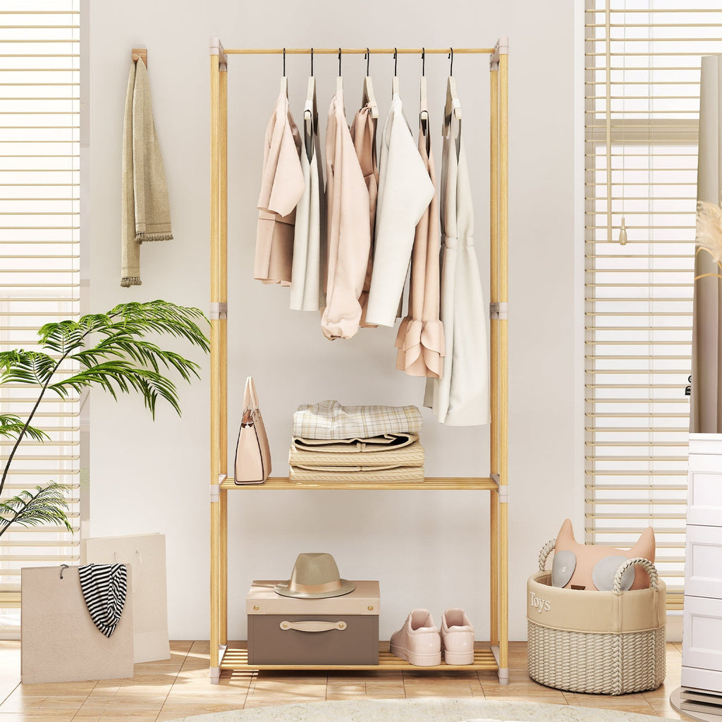 Pine Wood Clothes Rack with 2-Tier Open Storage Shelf for Hanging Clothes-Gray