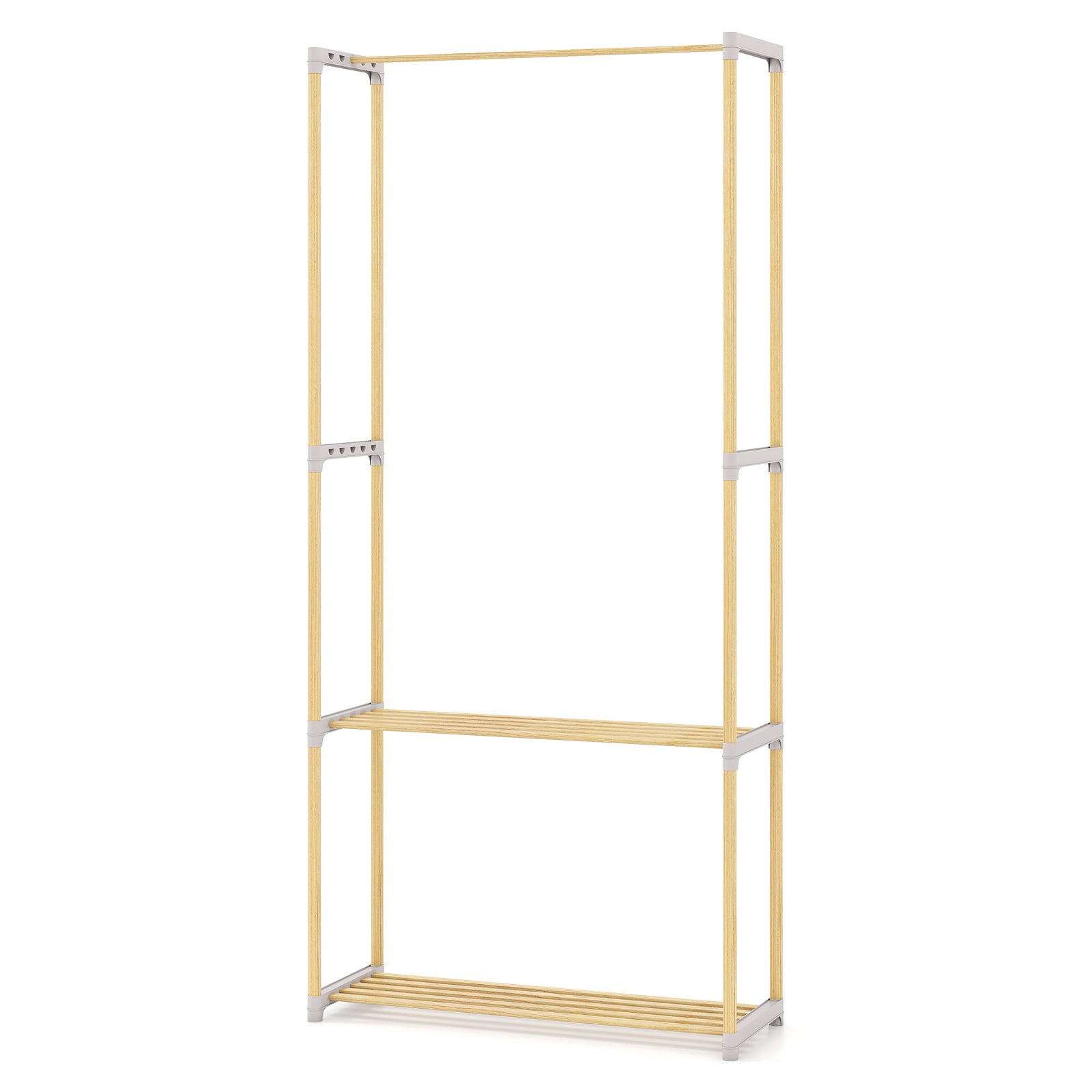Pine Wood Clothes Rack with 2-Tier Open Storage Shelf for Hanging Clothes-Gray