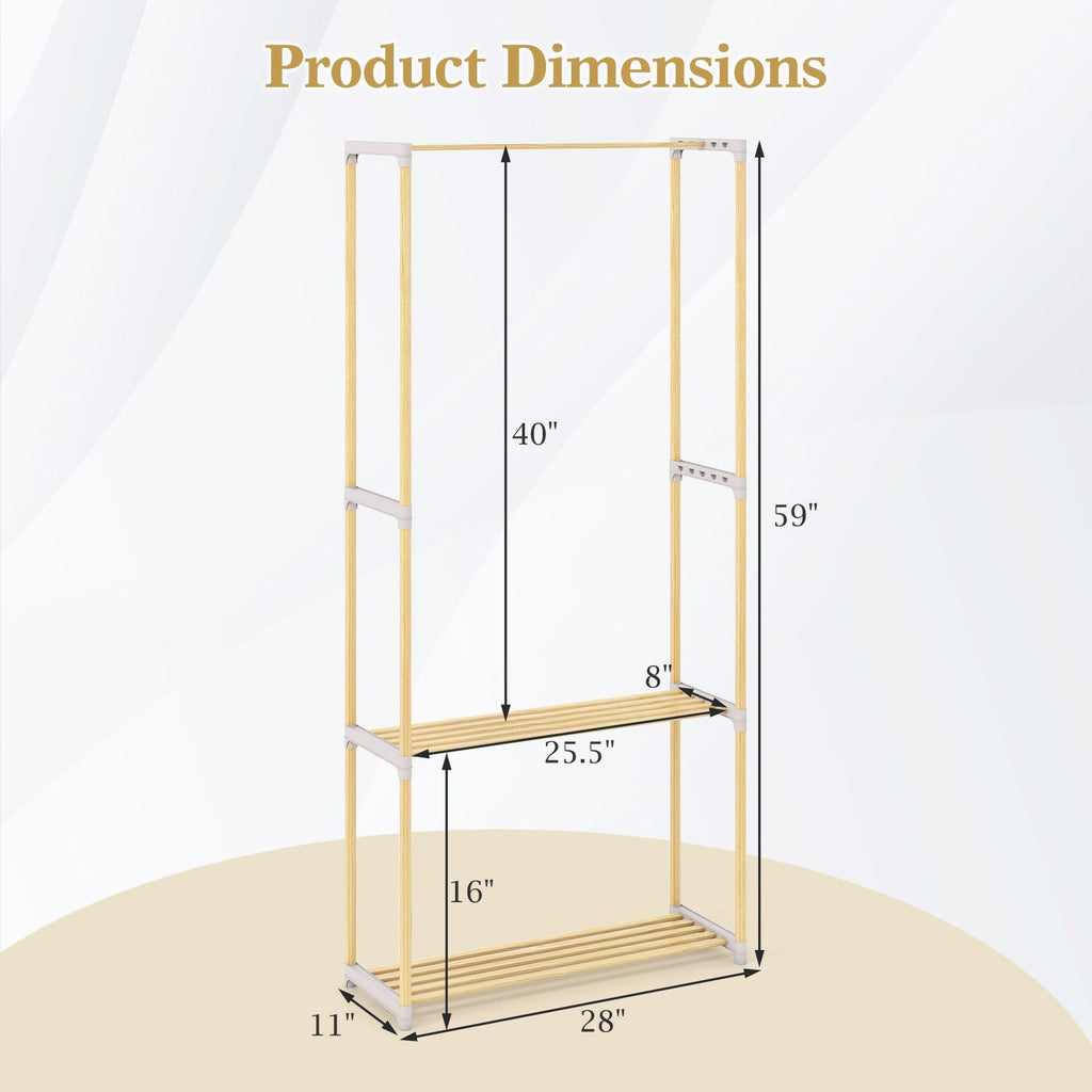 Pine Wood Clothes Rack with 2-Tier Open Storage Shelf for Hanging Clothes-Gray