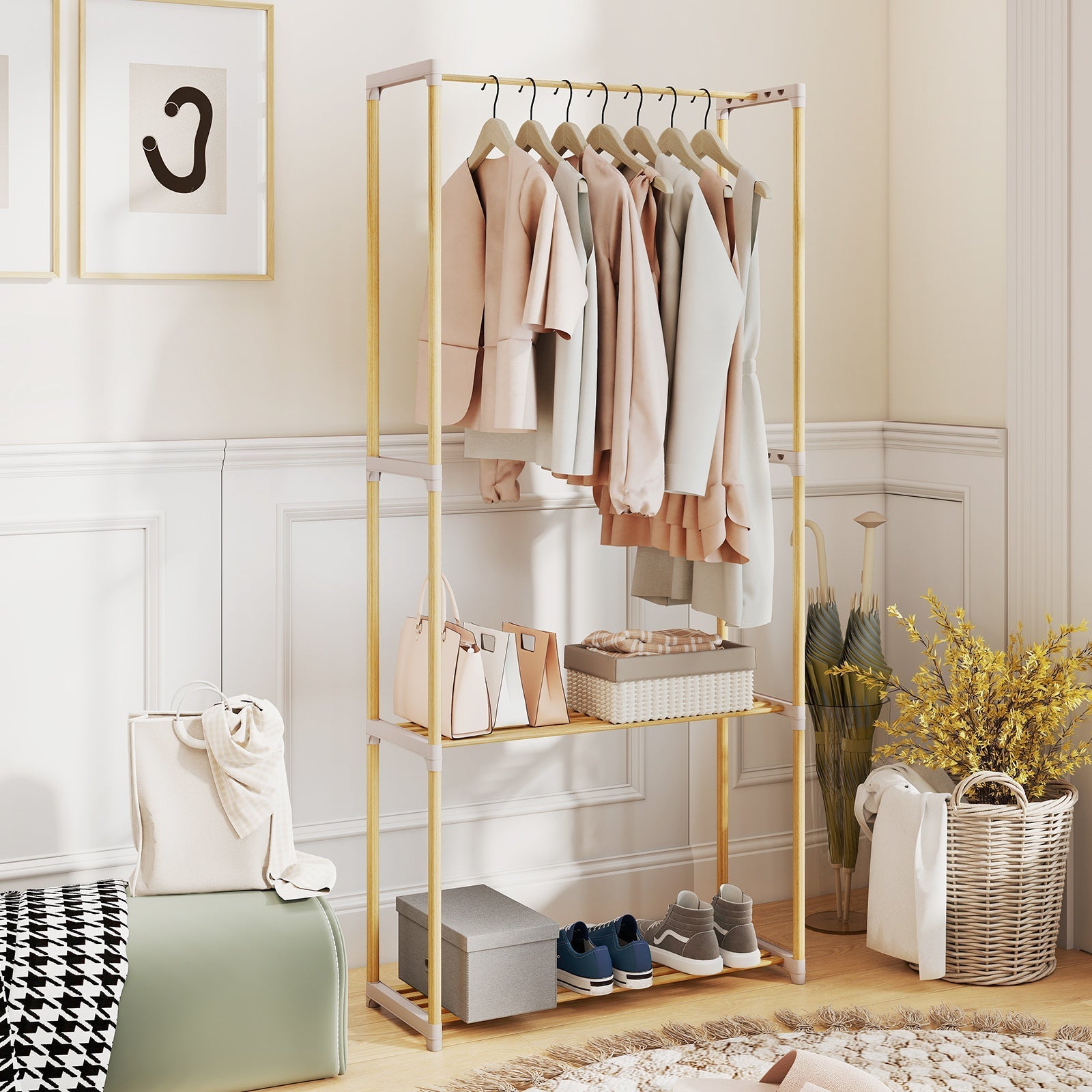 Pine Wood Clothes Rack with 2-Tier Open Storage Shelf for Hanging Clothes-Gray