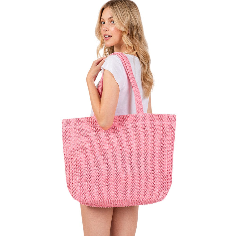 Solid Crochet Straw Tote Bag / Beach Bag