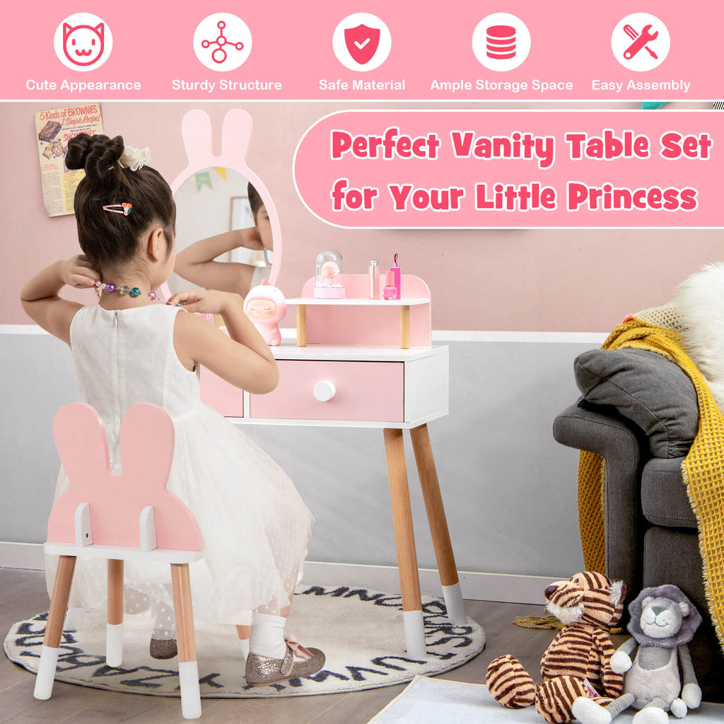 Kids Vanity Table and Chair Set with Drawer Shelf and Rabbit Mirror