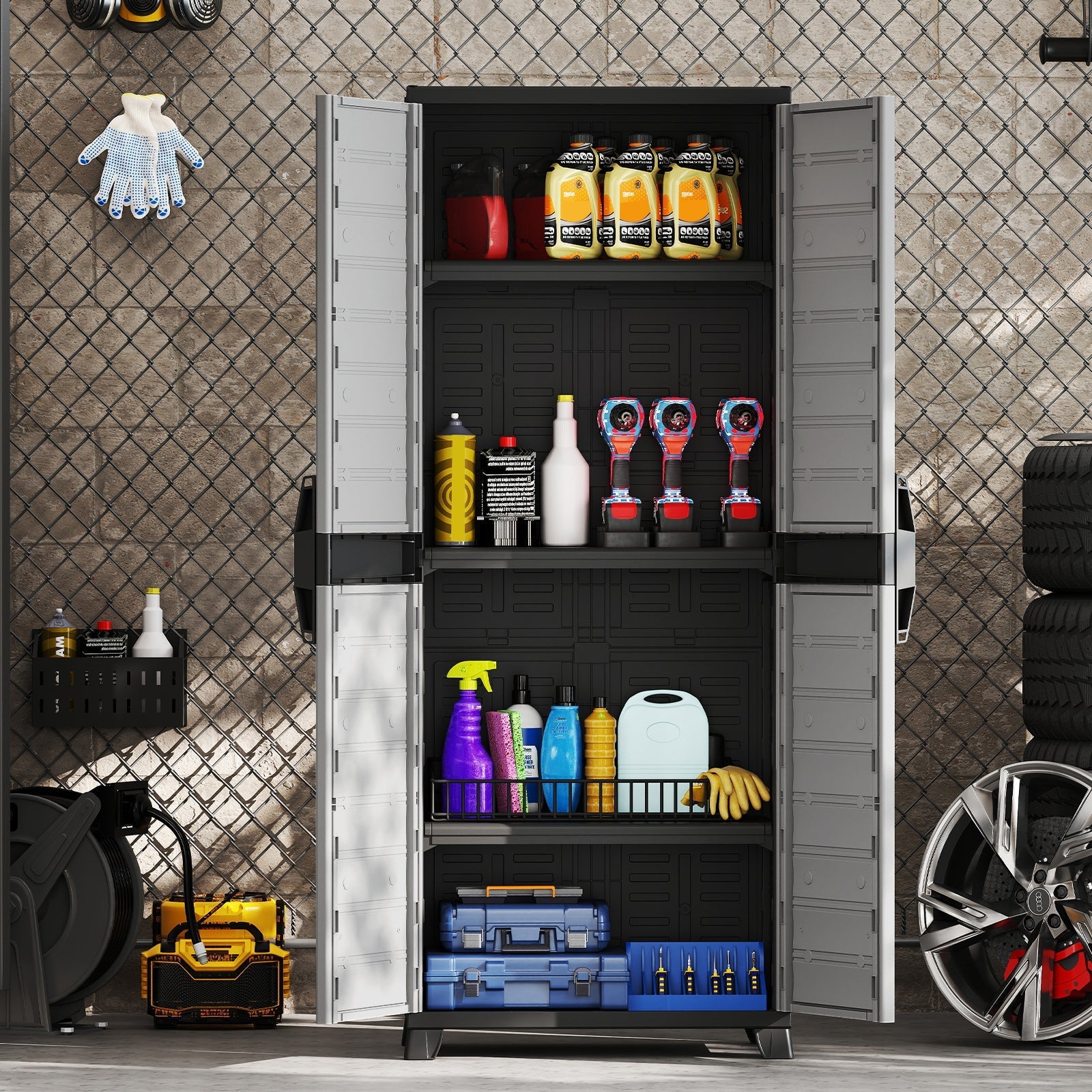 Plastic Lockable Storage Cabinet with Doors and 3 Adjustable Shelves