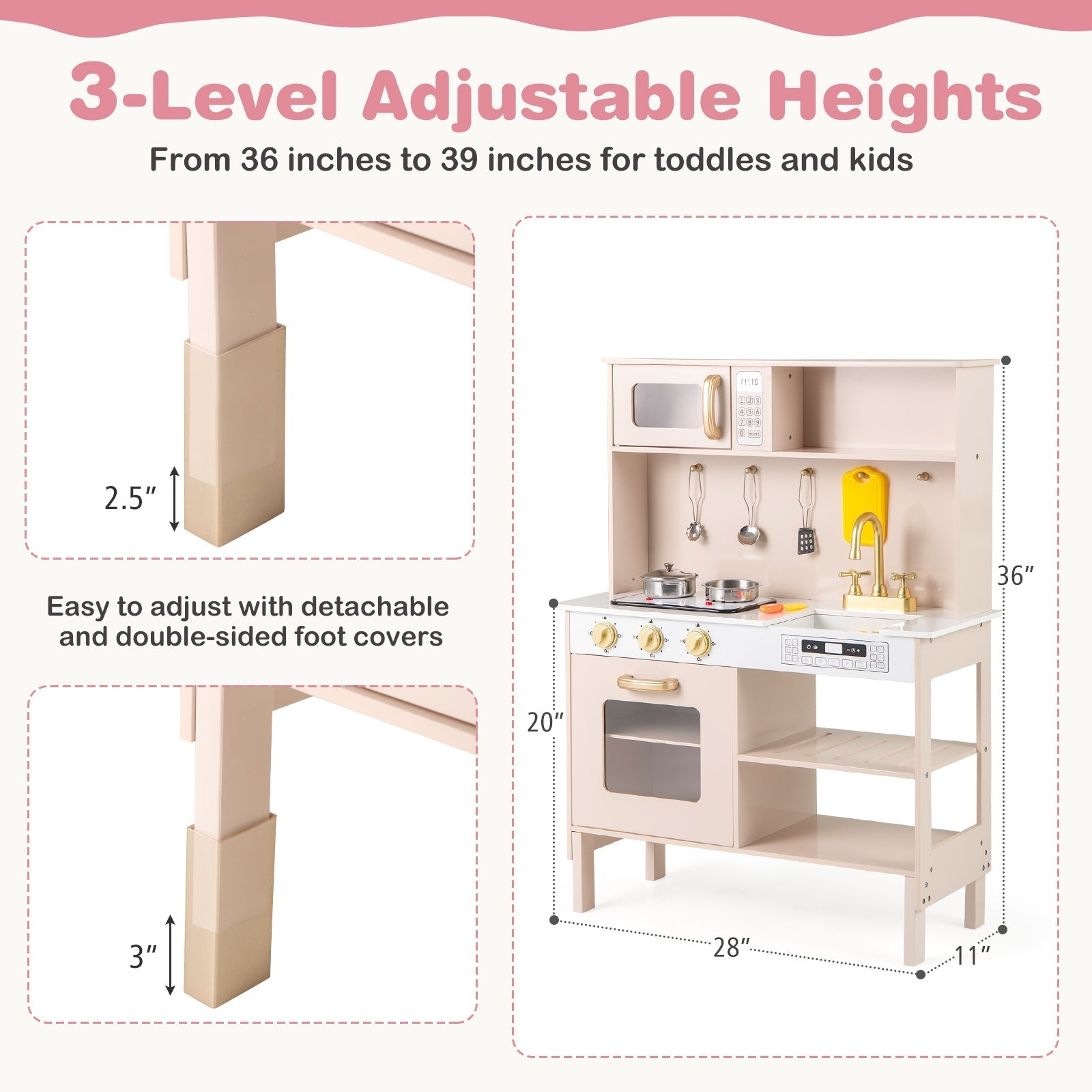 Play Kitchen Height Adjustable with Microwave and Lights and Sounds-Pink