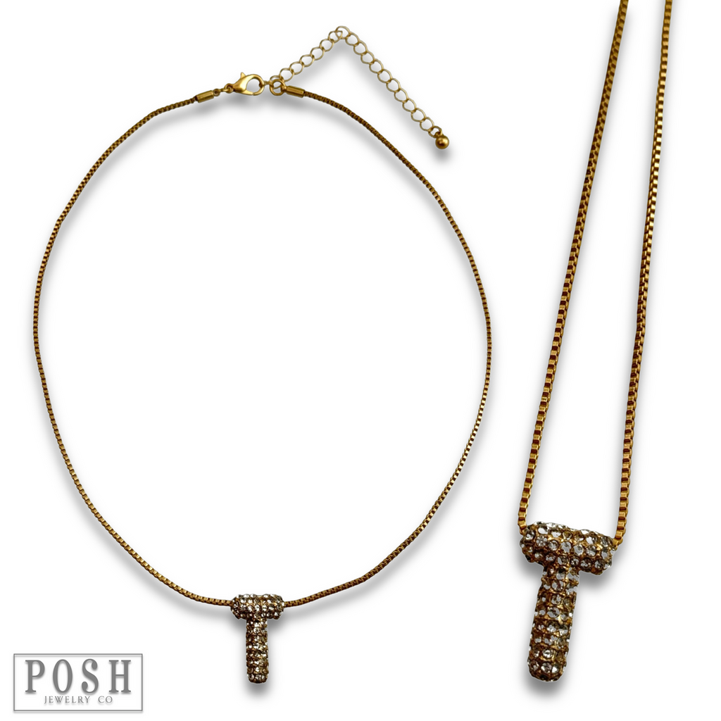 Box chain necklace with rhinestone initial