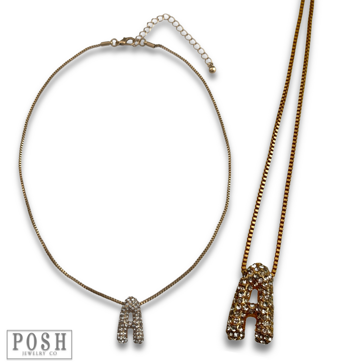Box chain necklace with rhinestone initial