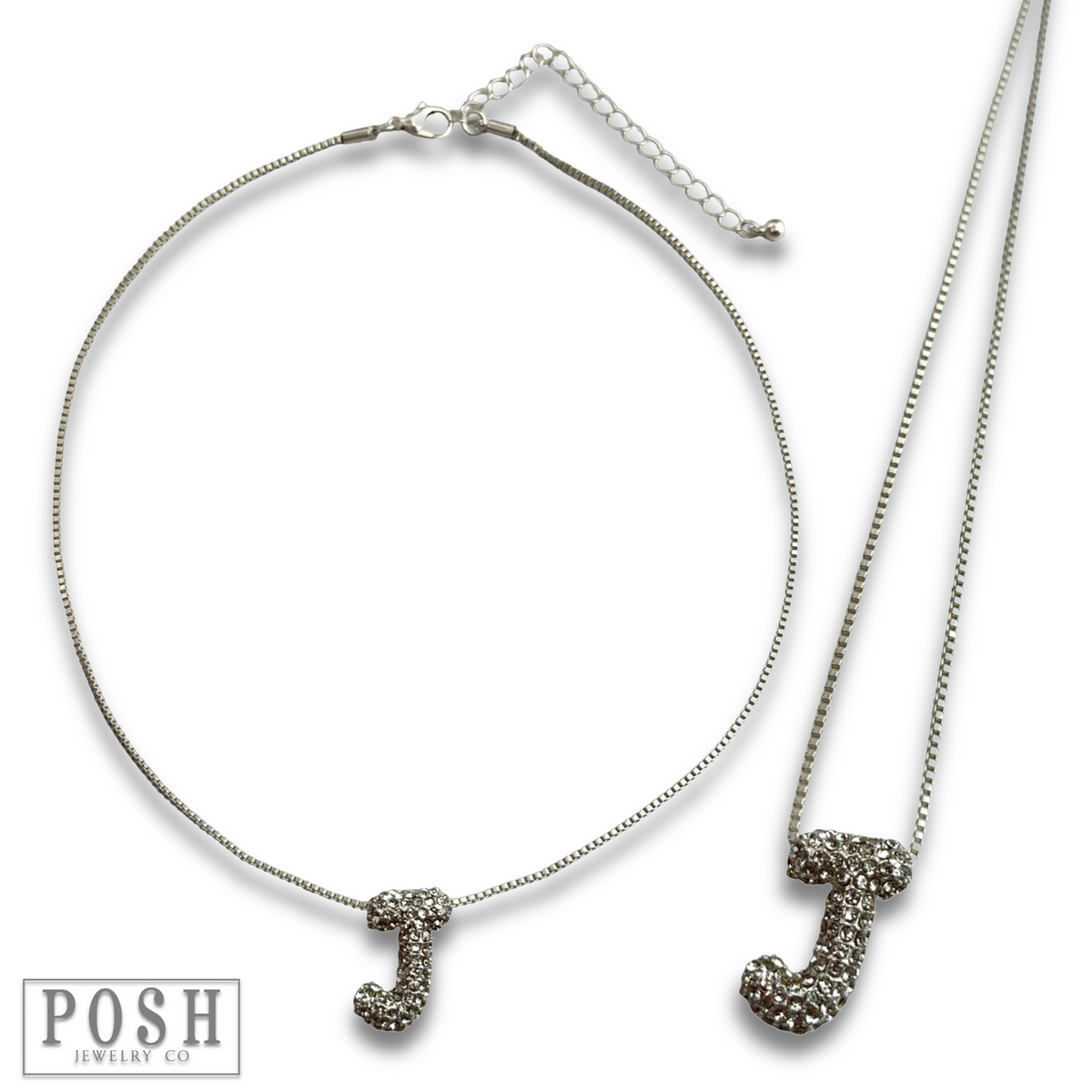 Box chain necklace with rhinestone initial