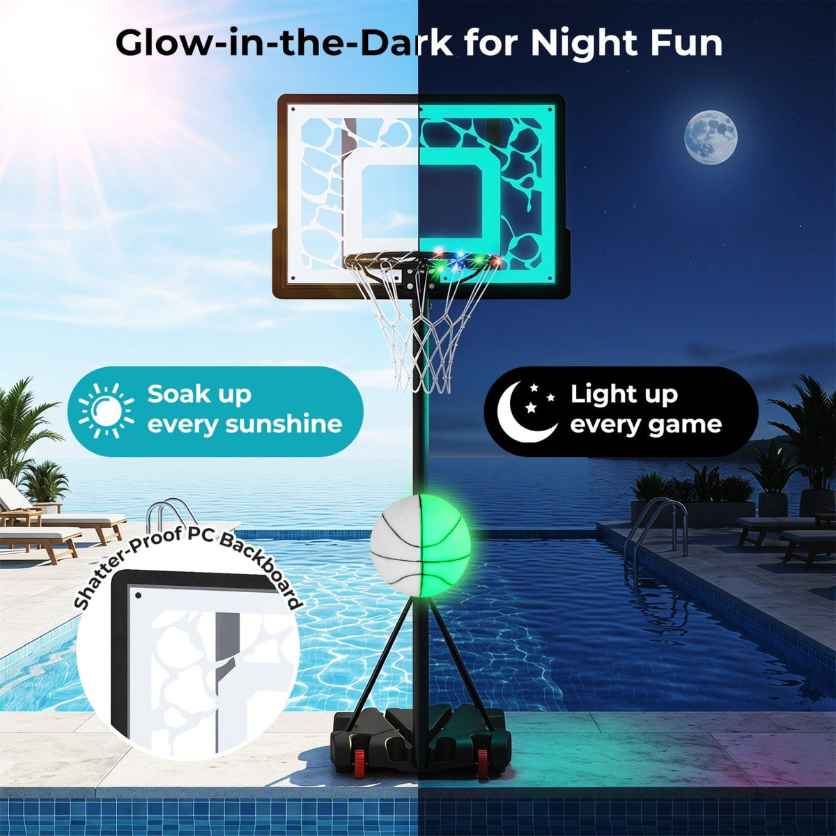 Adjustable Pool Basketball Hoop with LED Lights