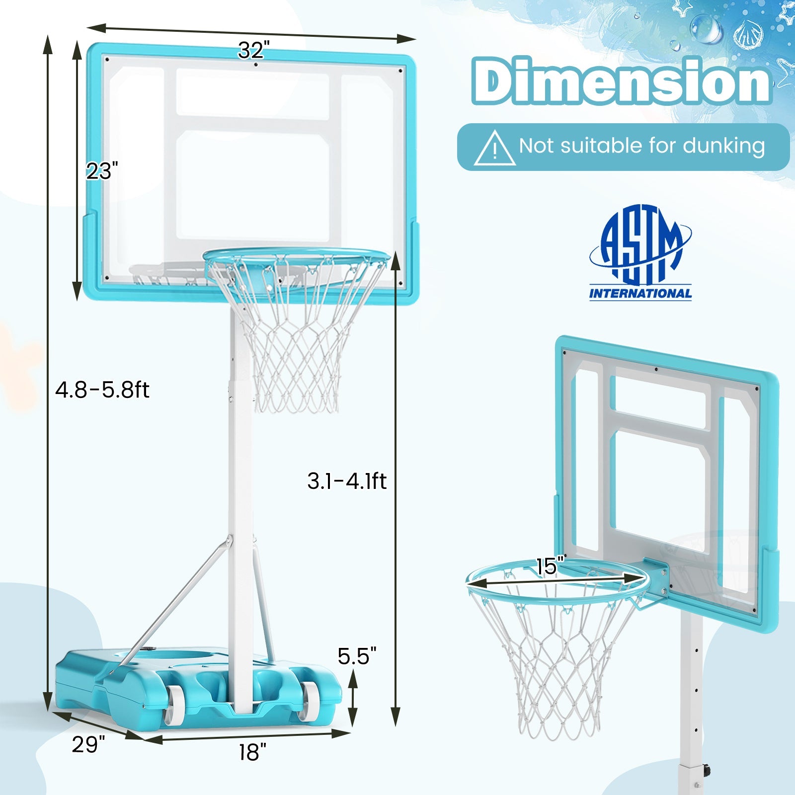 Pool Basketball Hoop Poolside Portable Basketball Goal with Shatterproof Backboard-White