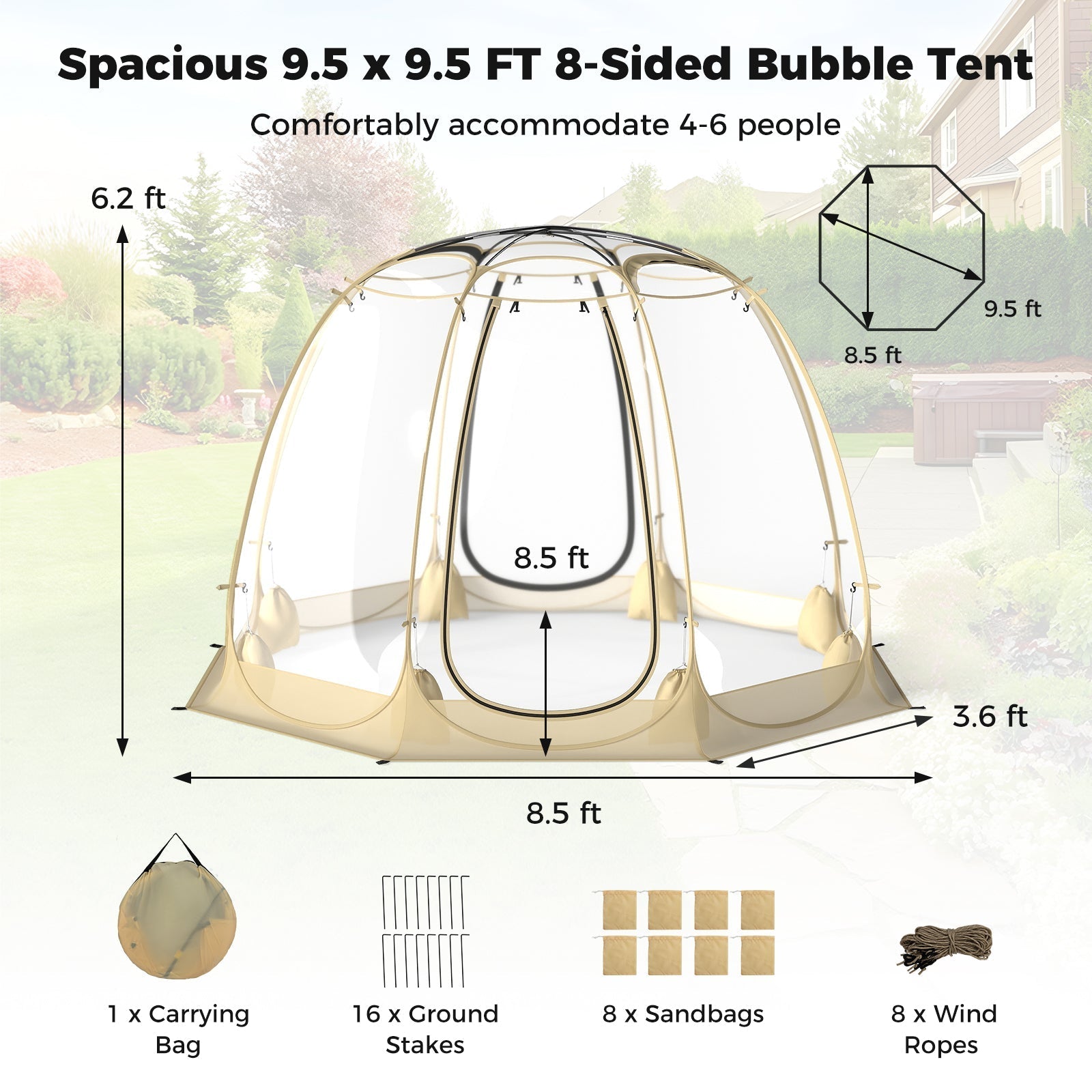 Pop Up Bubble Tent 630¬∞ Transparent PVC Igloo 8.5 x 8.5 FT Instant Setup Screen House for 5-6 People-Beige