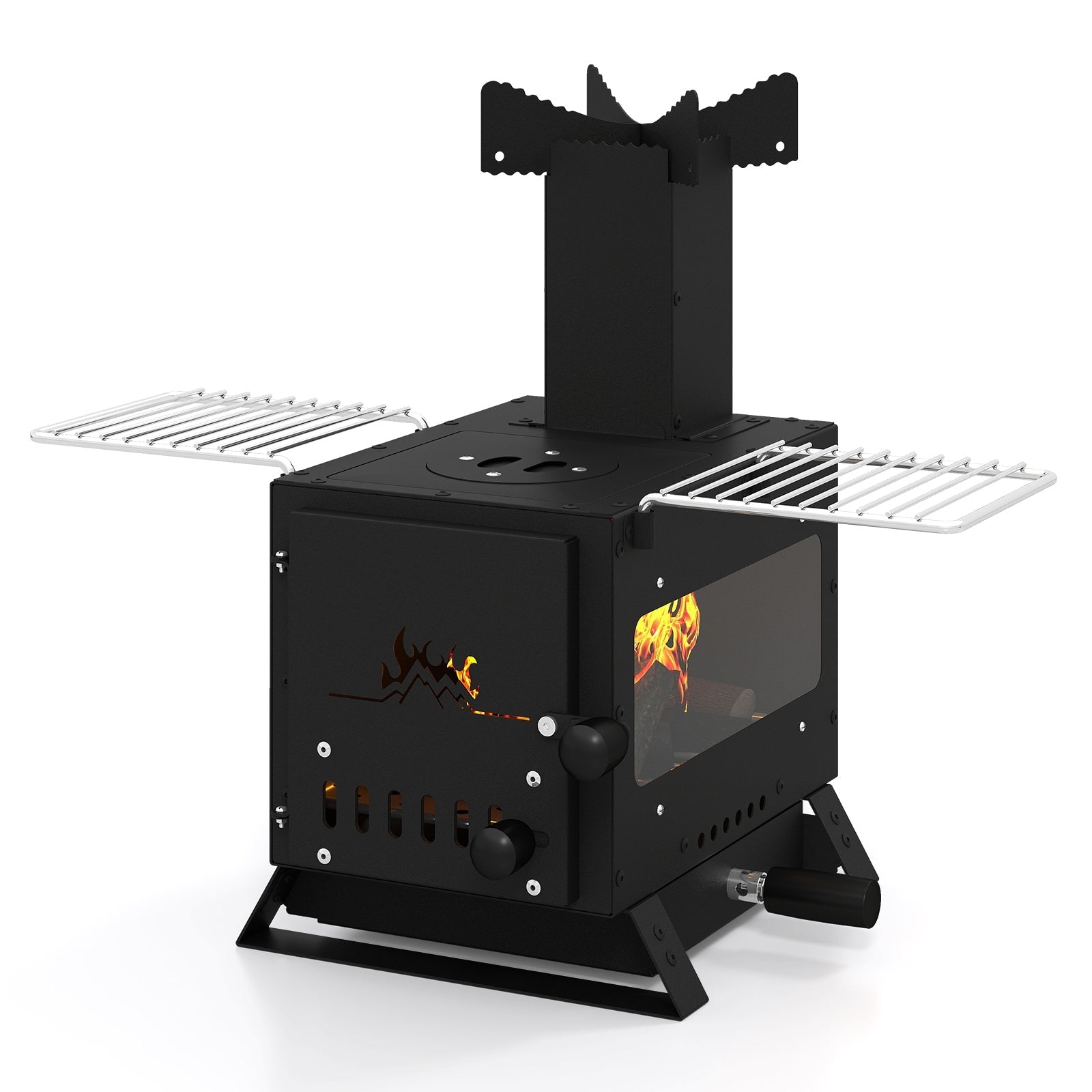 Portable Wood Burning Stove Mini Heater Burner with Pot Rack Oven Pan-Black