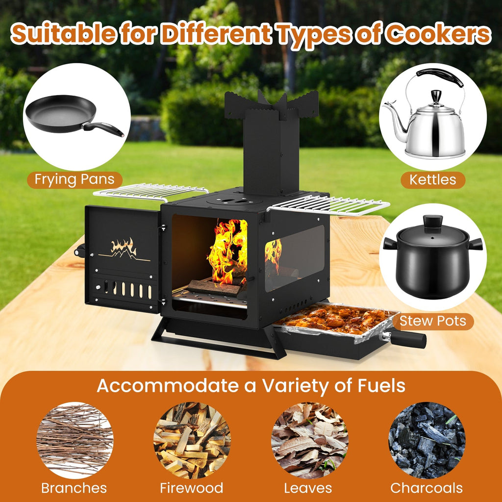 Portable Wood Burning Stove Mini Heater Burner with Pot Rack Oven Pan-Black