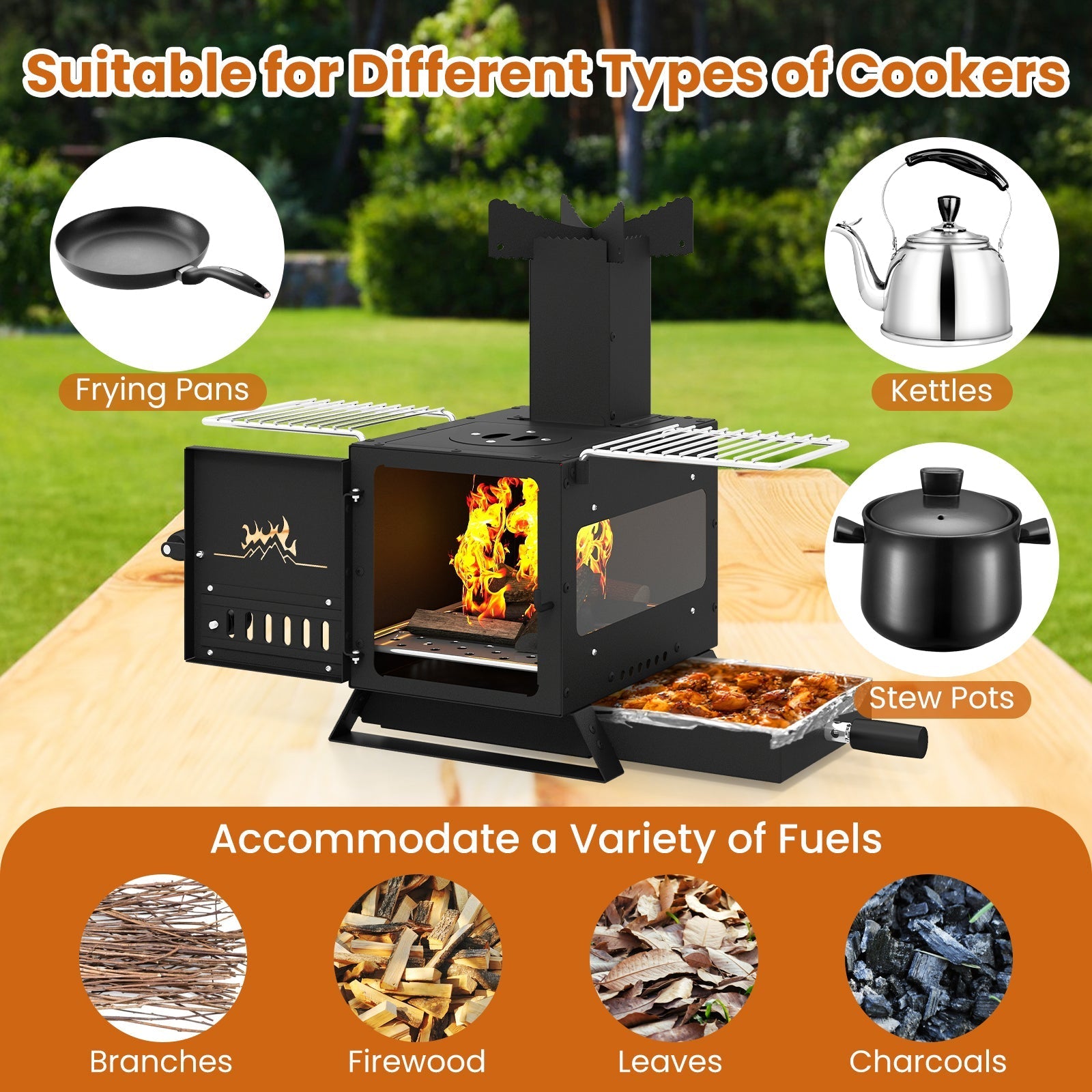 Portable Wood Burning Stove Mini Heater Burner with Pot Rack Oven Pan-Black