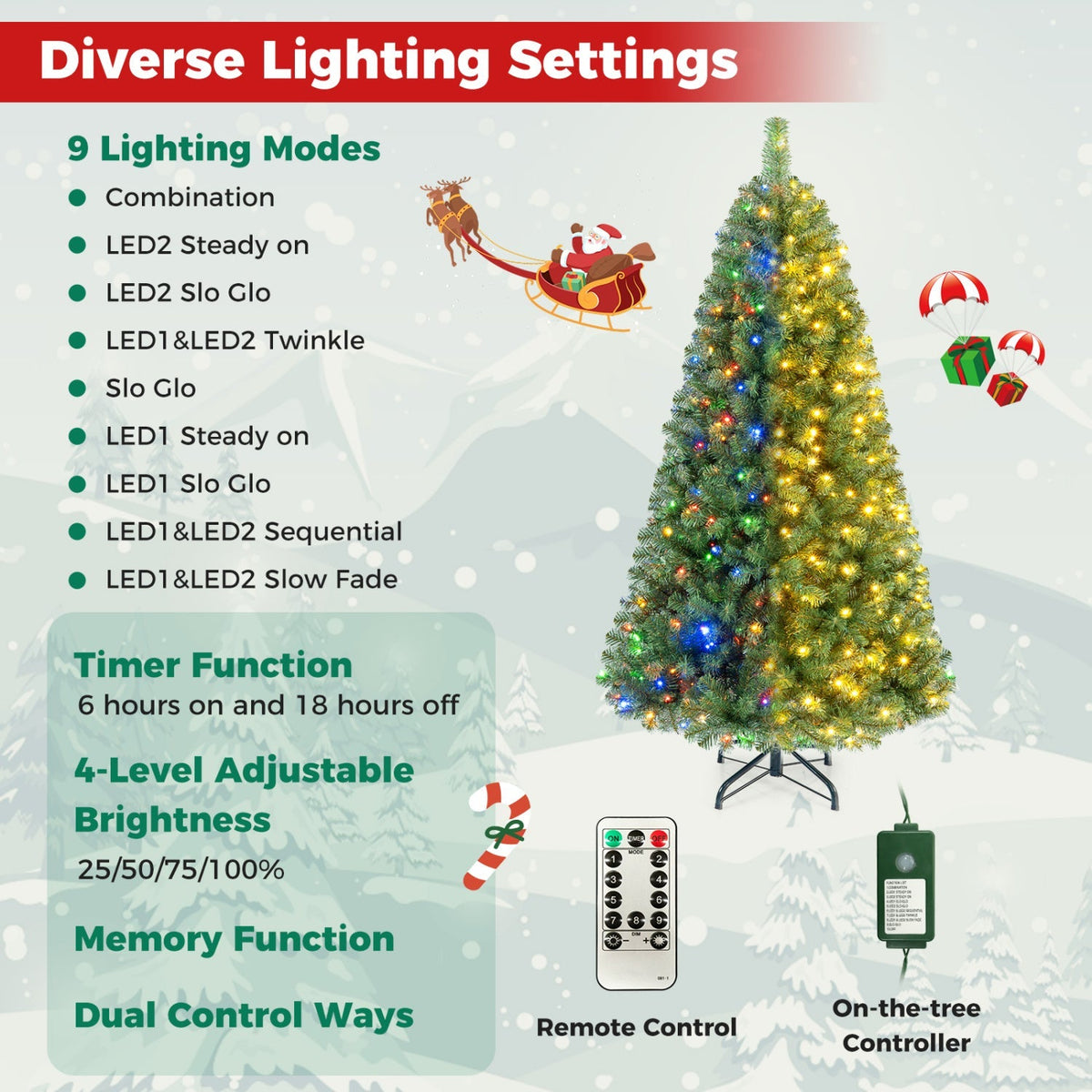 6-8 Ft Pre-Lit Artificial Christmas Tree with Remote Control