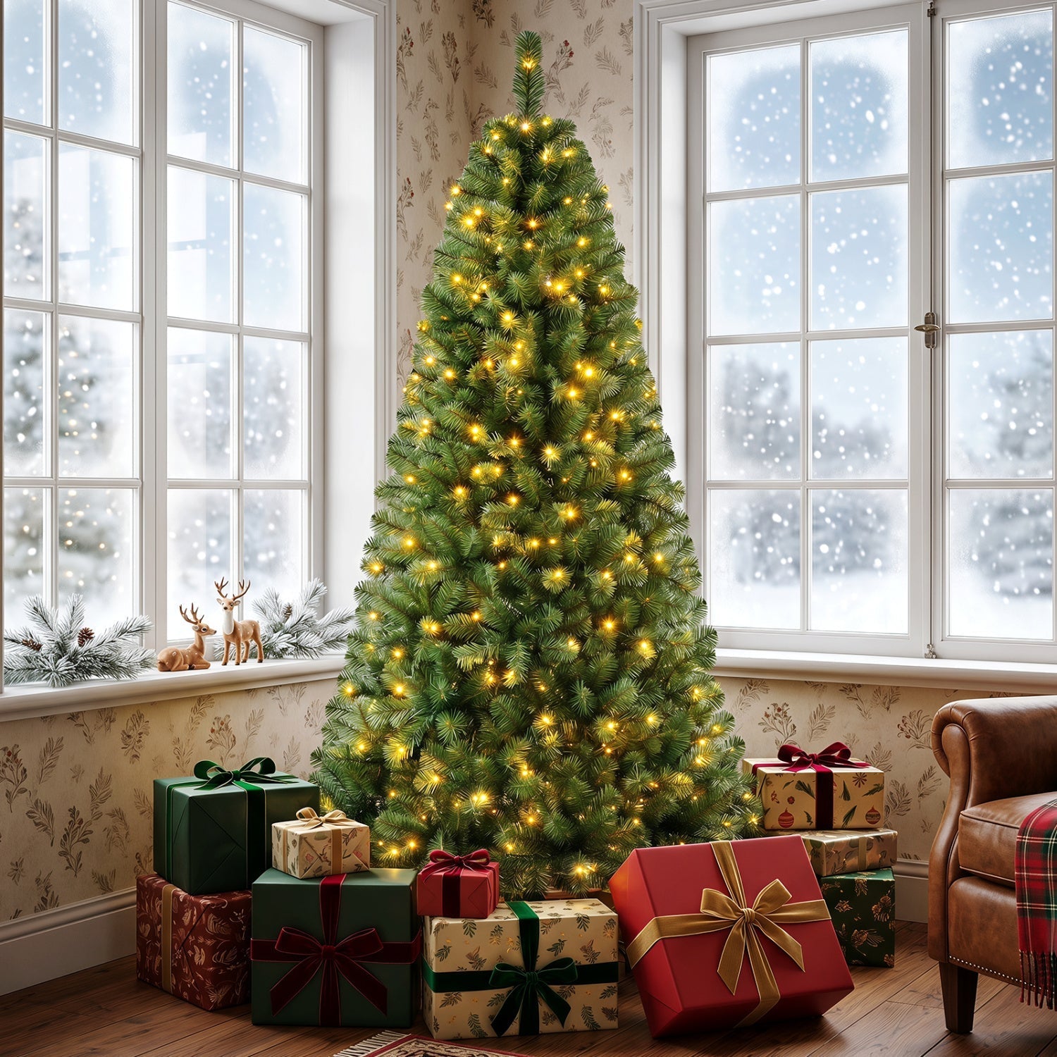 6-8 Ft Pre-Lit Artificial Christmas Tree with Remote Control