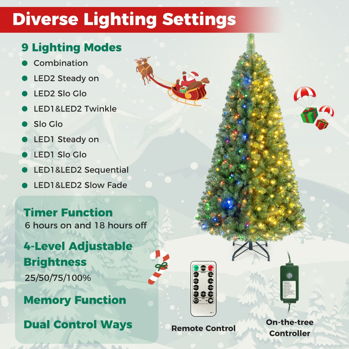 6-8 Ft Pre-Lit Artificial Christmas Tree with Remote Control
