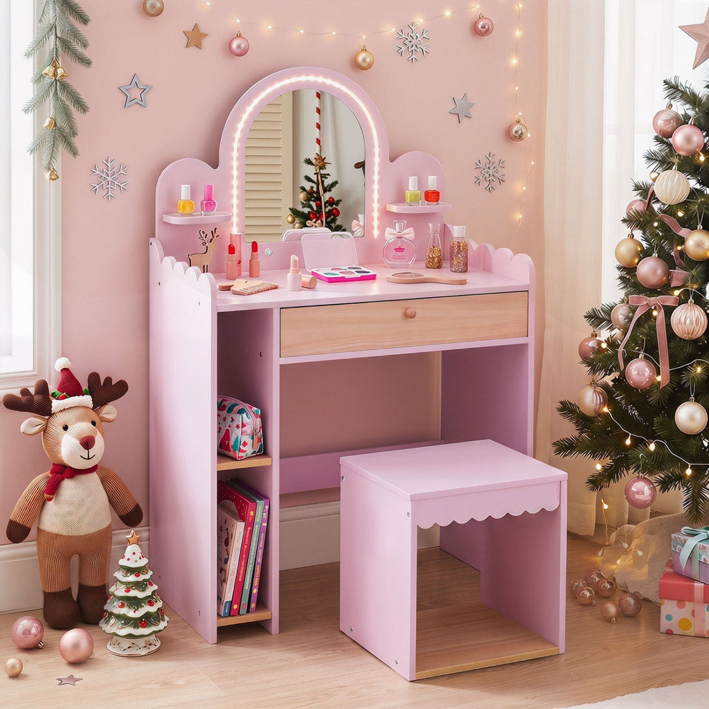 Kids Vanity Table Set with LED Mirror and Stool - Pink
