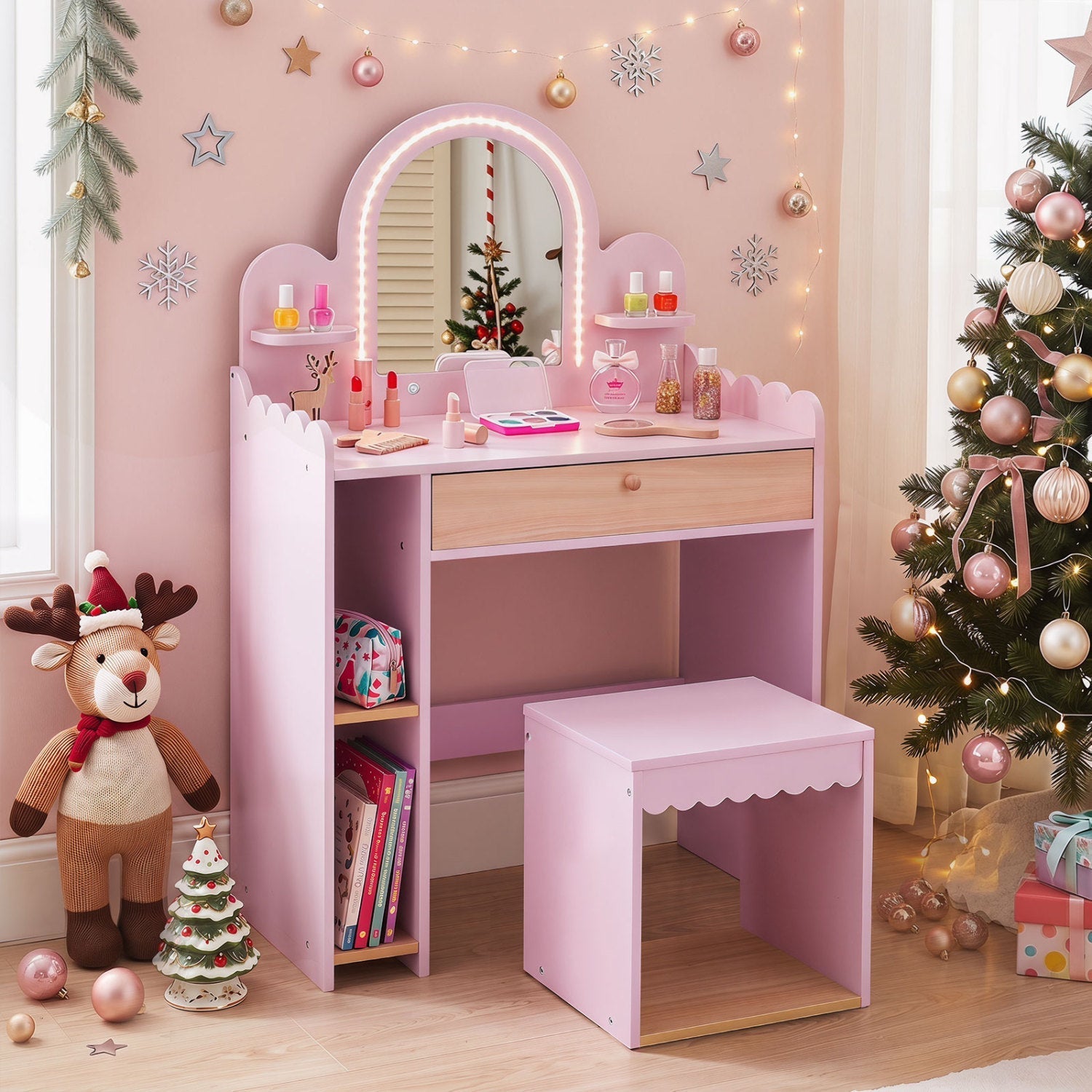 Kids Vanity Table Set with LED Mirror and Stool - Pink