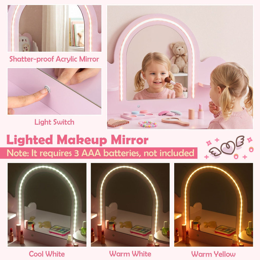 Kids Vanity Table Set with LED Mirror and Stool - Pink