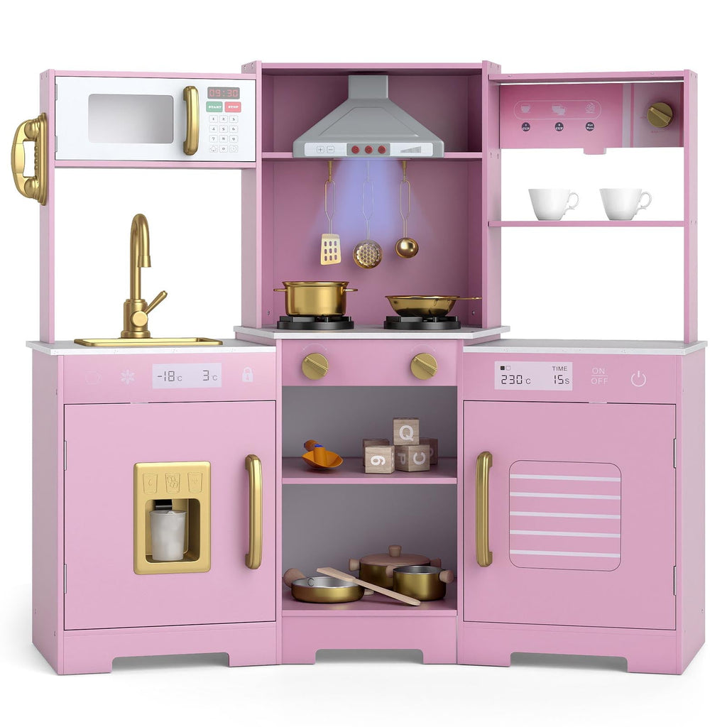 Pretend Play Kitchen Wooden Toy Set with Range Hood Real Sounds and Lights