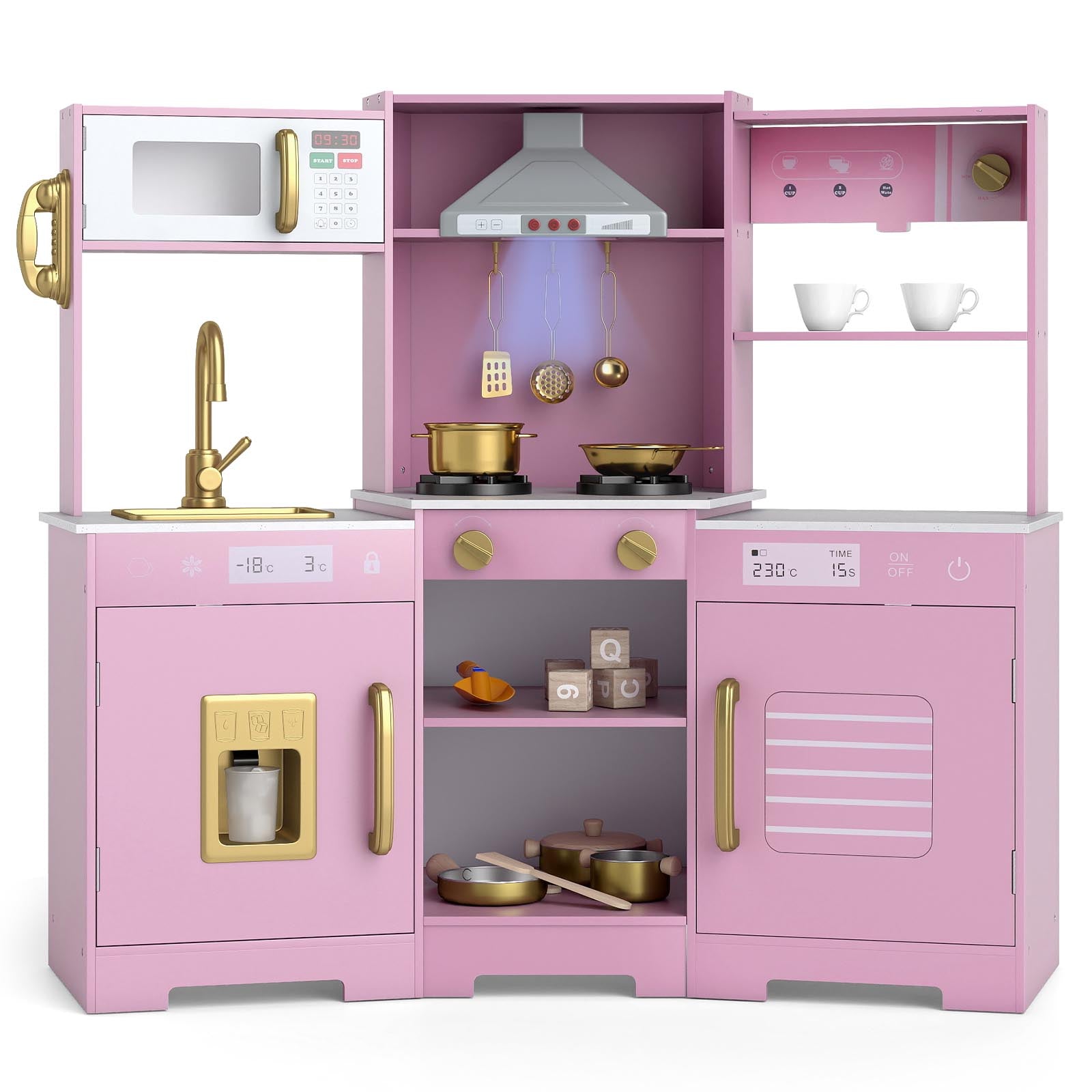 Pretend Play Kitchen Wooden Toy Set with Range Hood Real Sounds and Lights