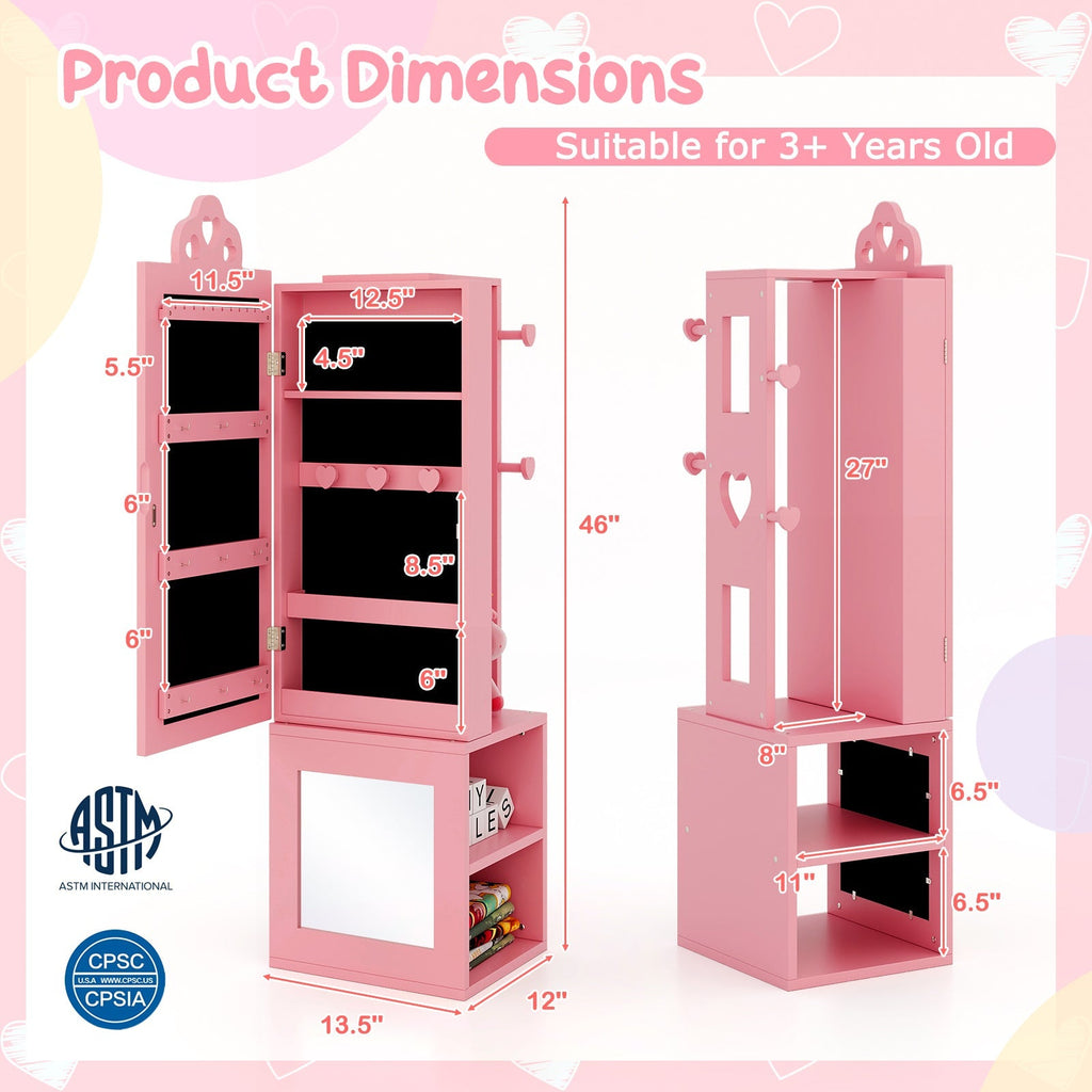 Princess Vanity Table and Stool Set Freestanding Jewelry Cabinet Armoire with Full-Length Mirror