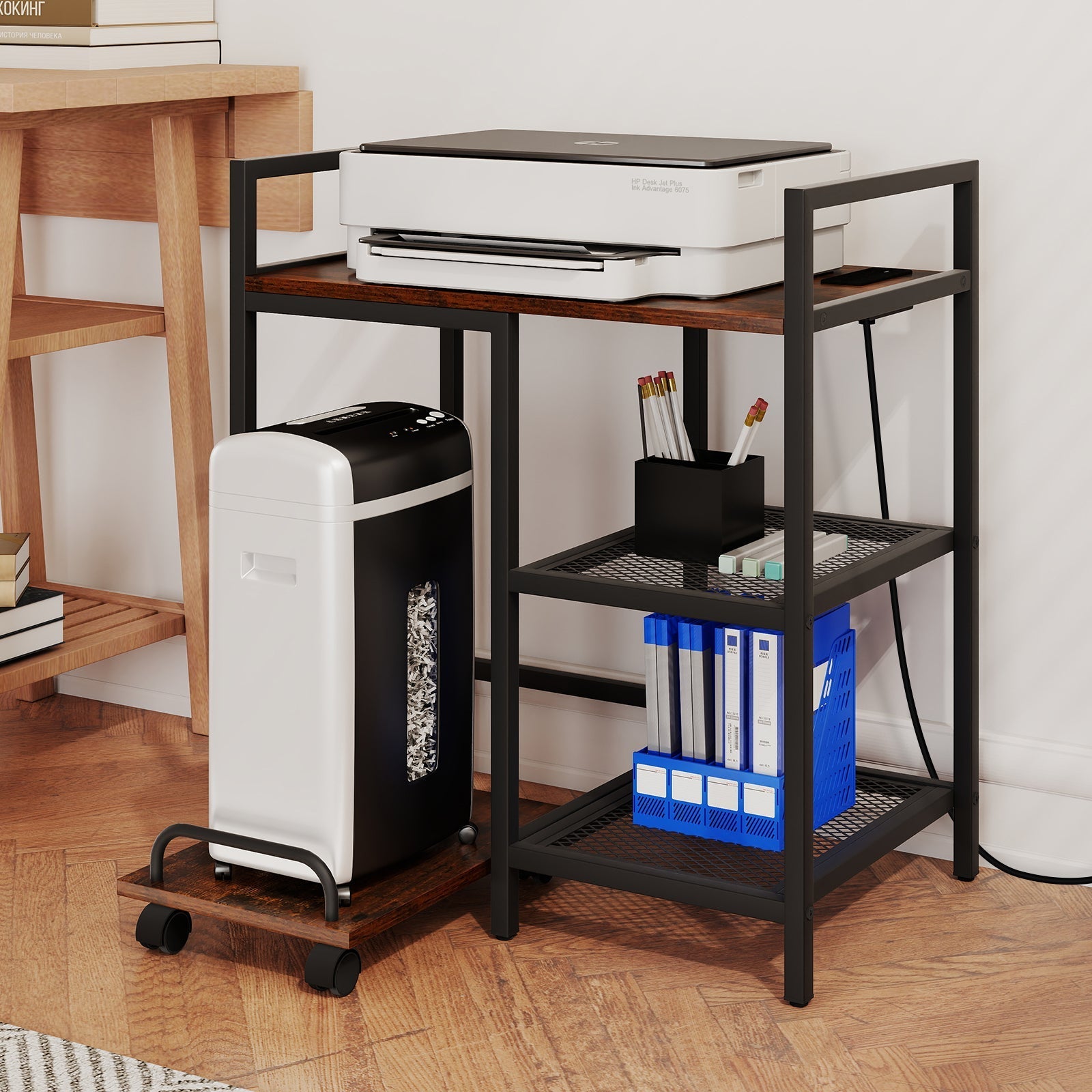 Printer Stand with Charging Station and Storage Shelves