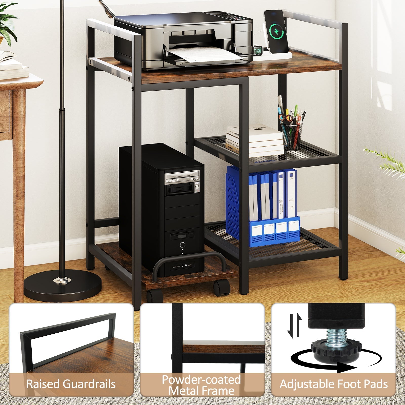 Printer Stand with Charging Station and Storage Shelves