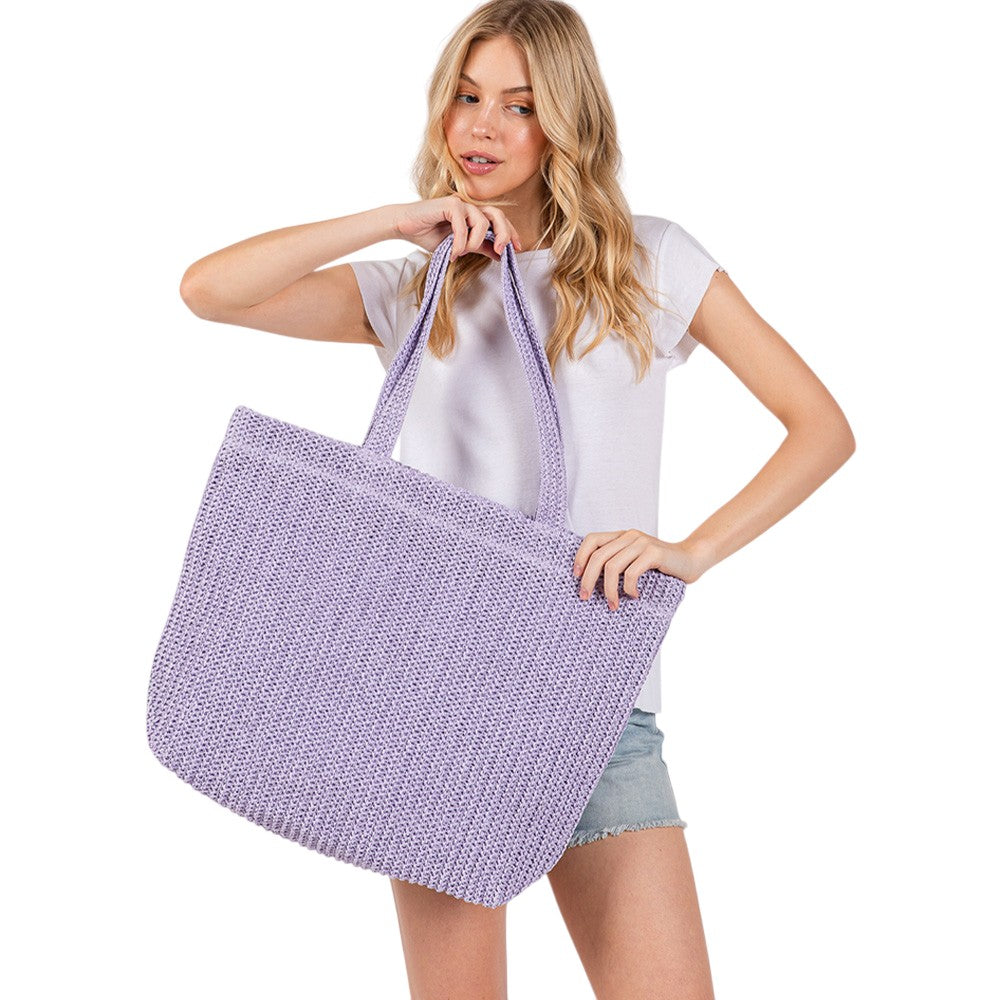Solid Crochet Straw Tote Bag / Beach Bag