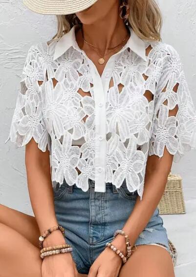 Miss Sparkling Cut-Out Cropped Lace Shirt