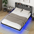 Full/Queen Size Floating Bed Frame with LED and Headboard and Charging Station