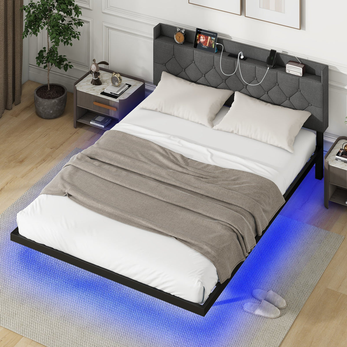 Full/Queen Size Floating Bed Frame with LED and Headboard and Charging Station