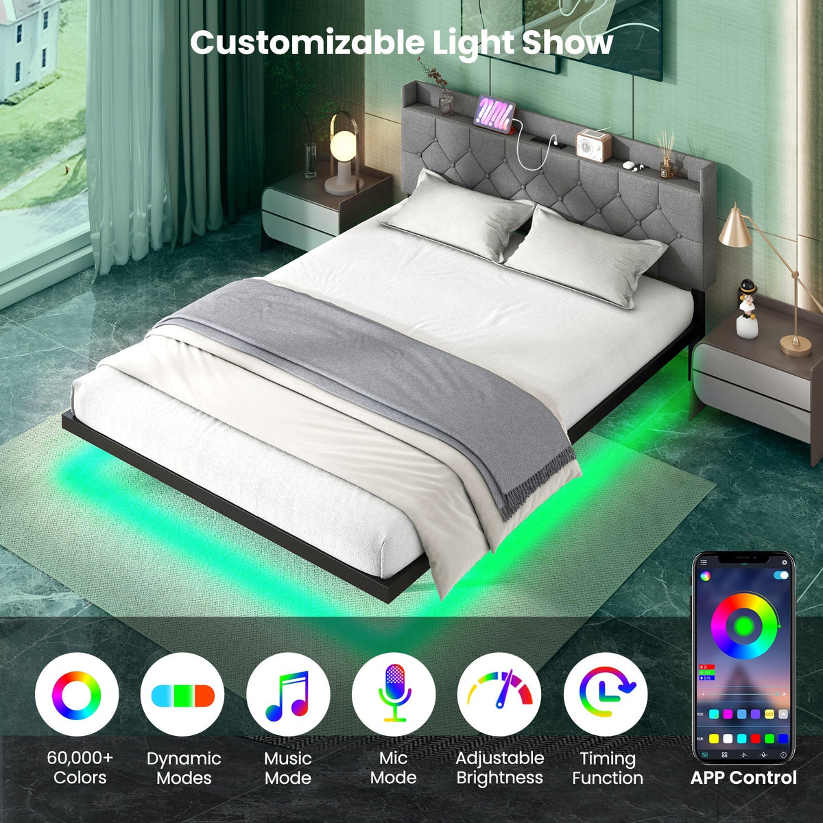 Full/Queen Size Floating Bed Frame with LED and Headboard and Charging Station