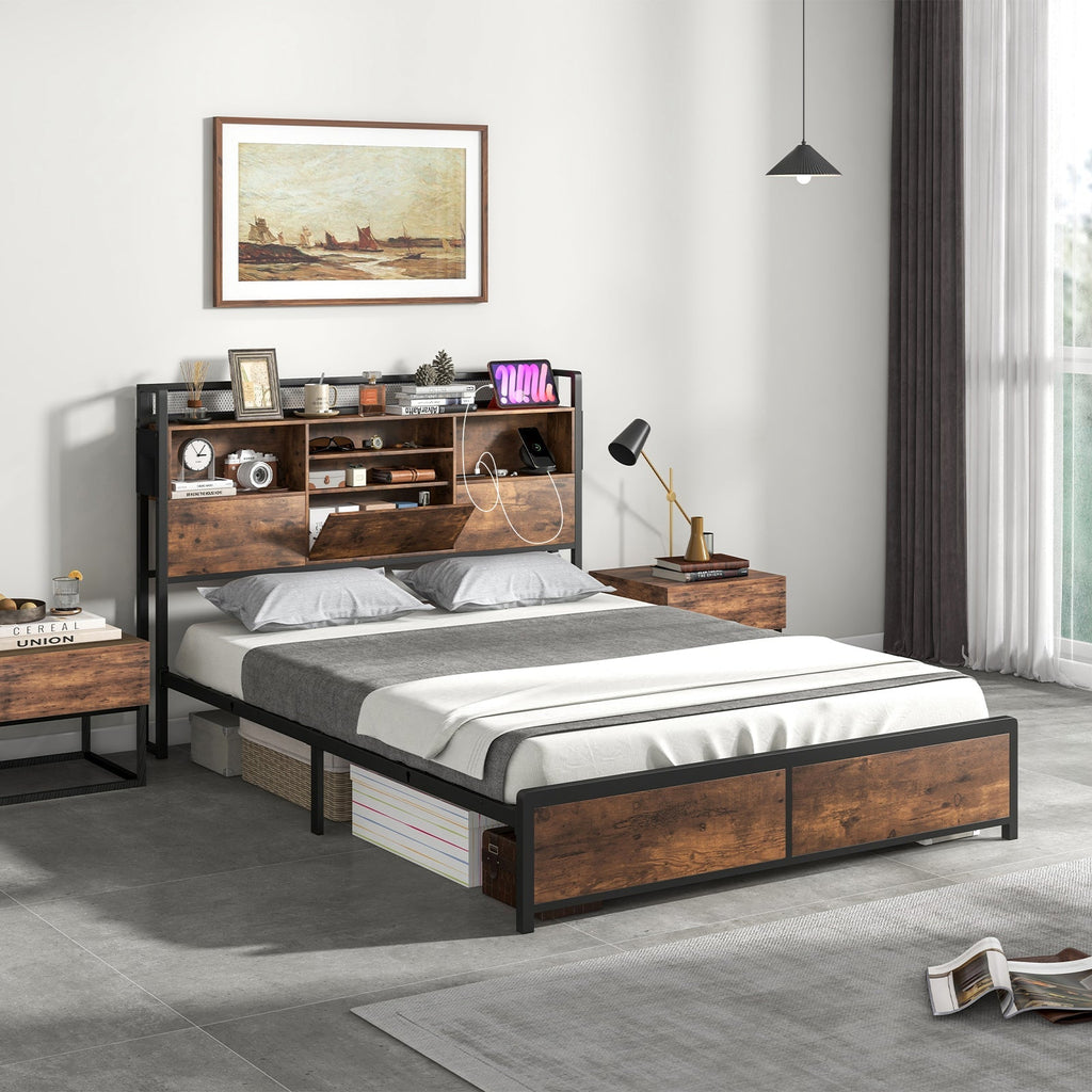 Full/Queen Size Bed Frame with 3-Tier Bookcase Headboard and Charging Station