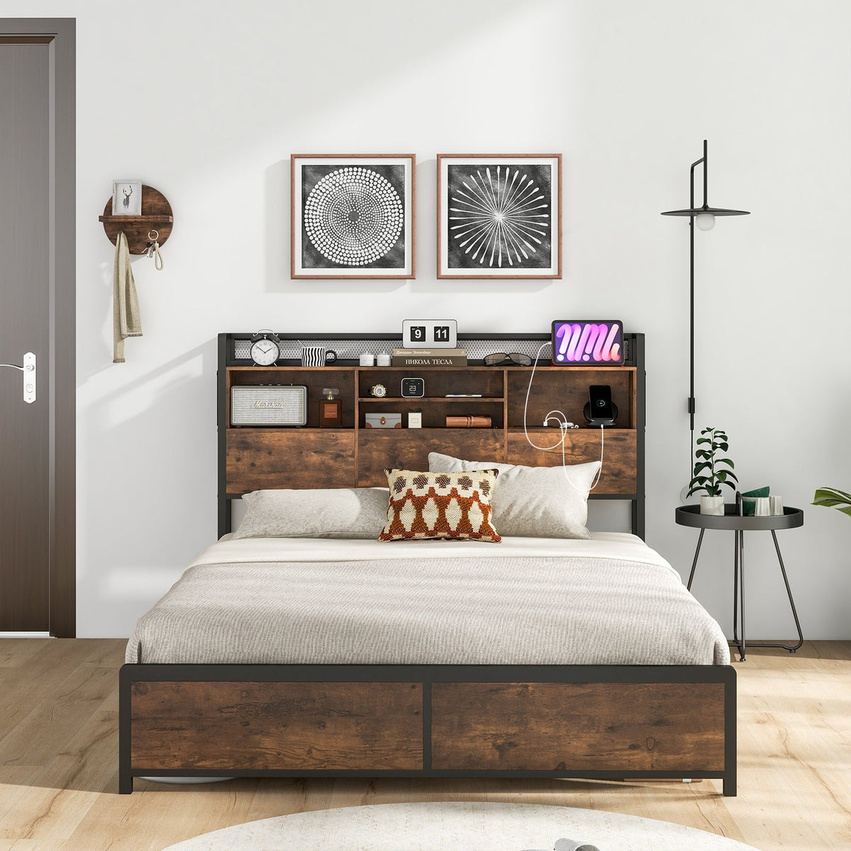Full/Queen Size Bed Frame with 3-Tier Bookcase Headboard and Charging Station