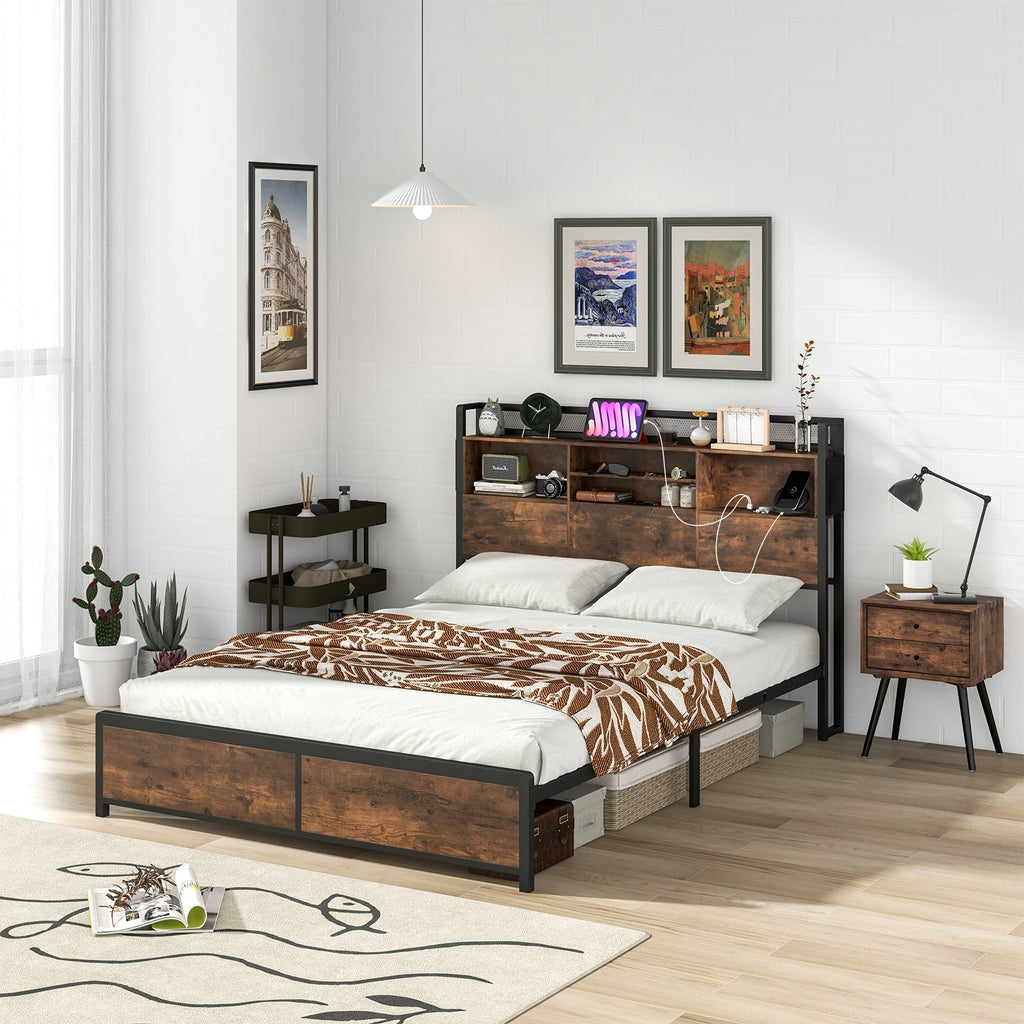 Full/Queen Size Bed Frame with 3-Tier Bookcase Headboard and Charging Station