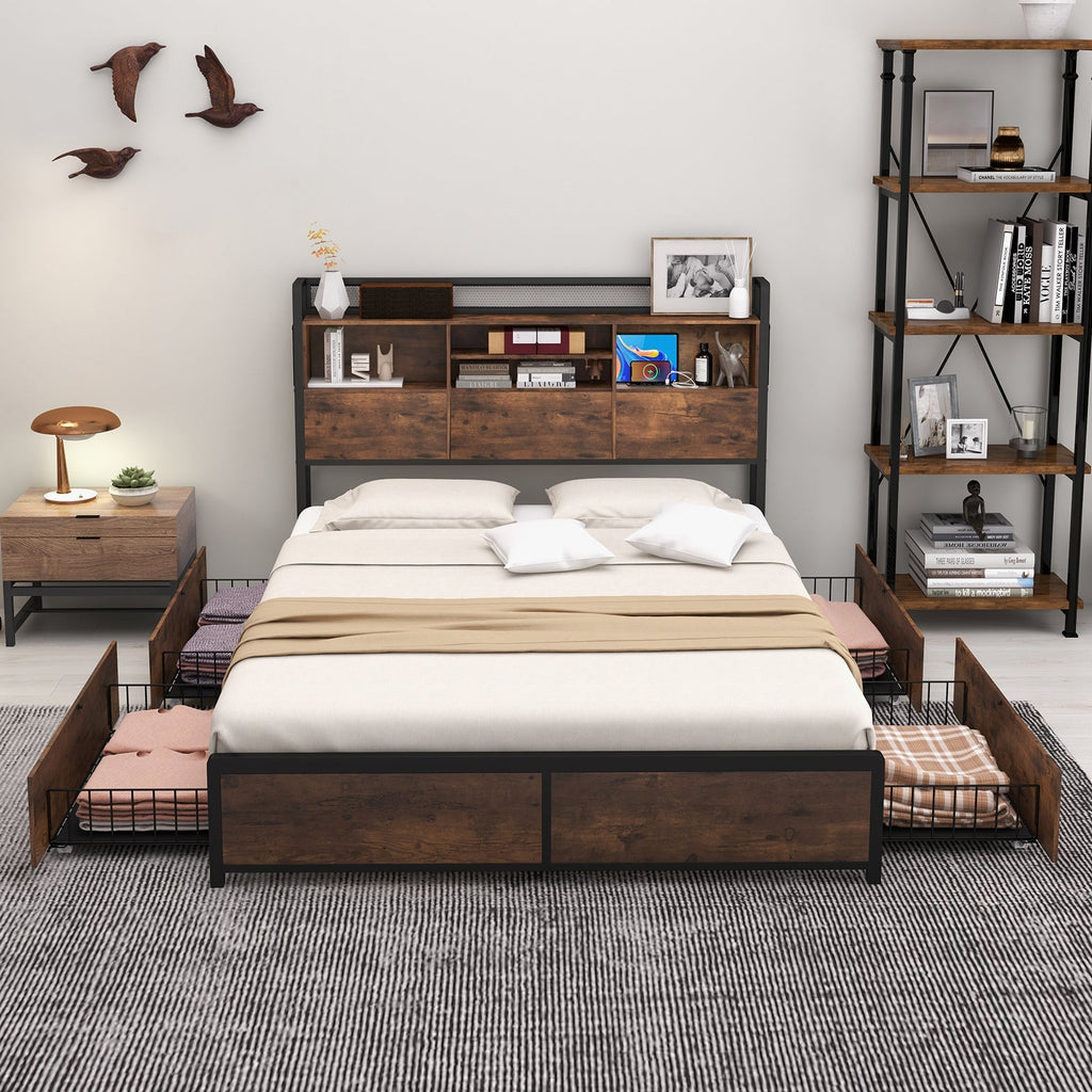 Full/Queen Size Bed Frame with Bookcase Headboard and 4 Storage Drawers
