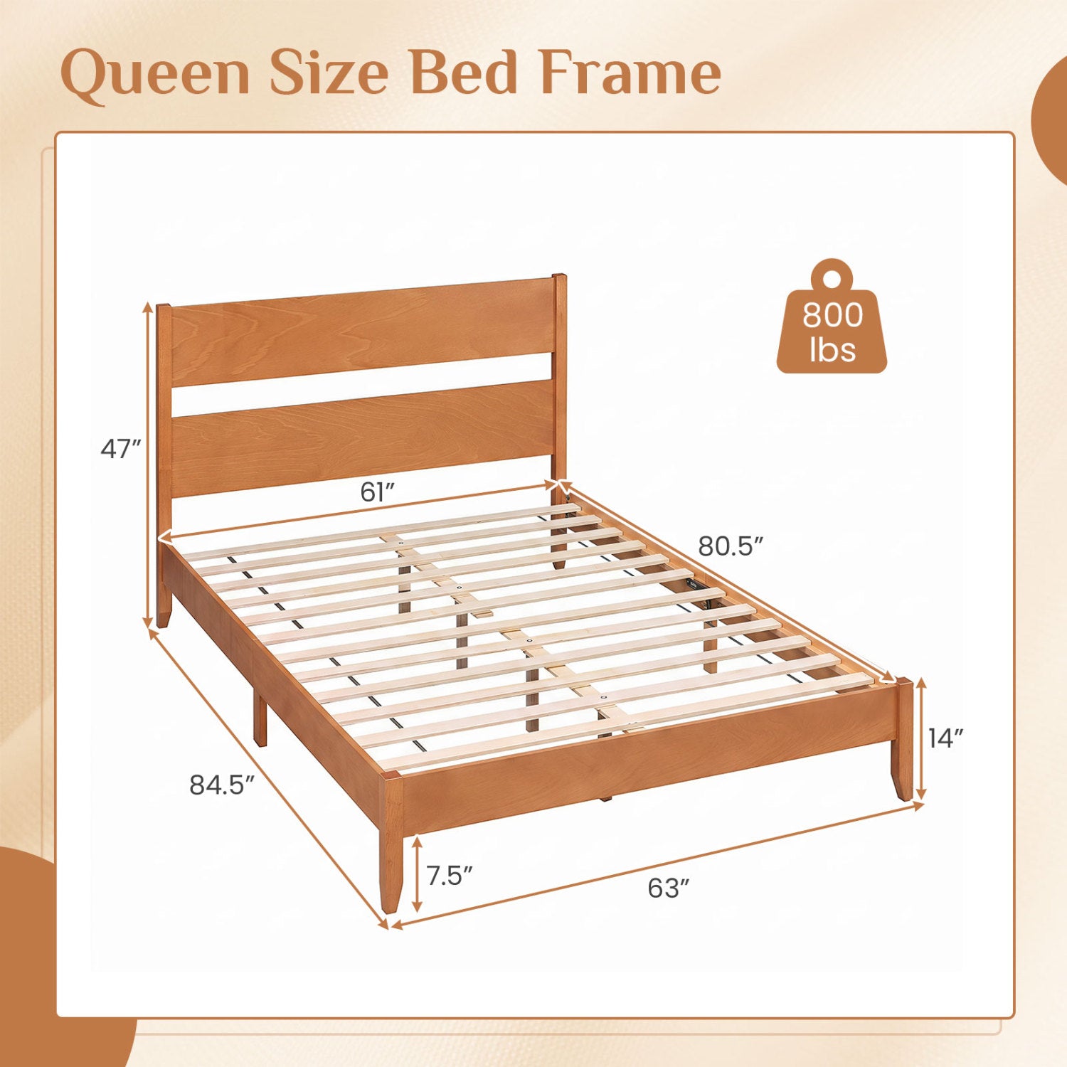 Queen Bed Frame with Headboard and Solid Wood Legs