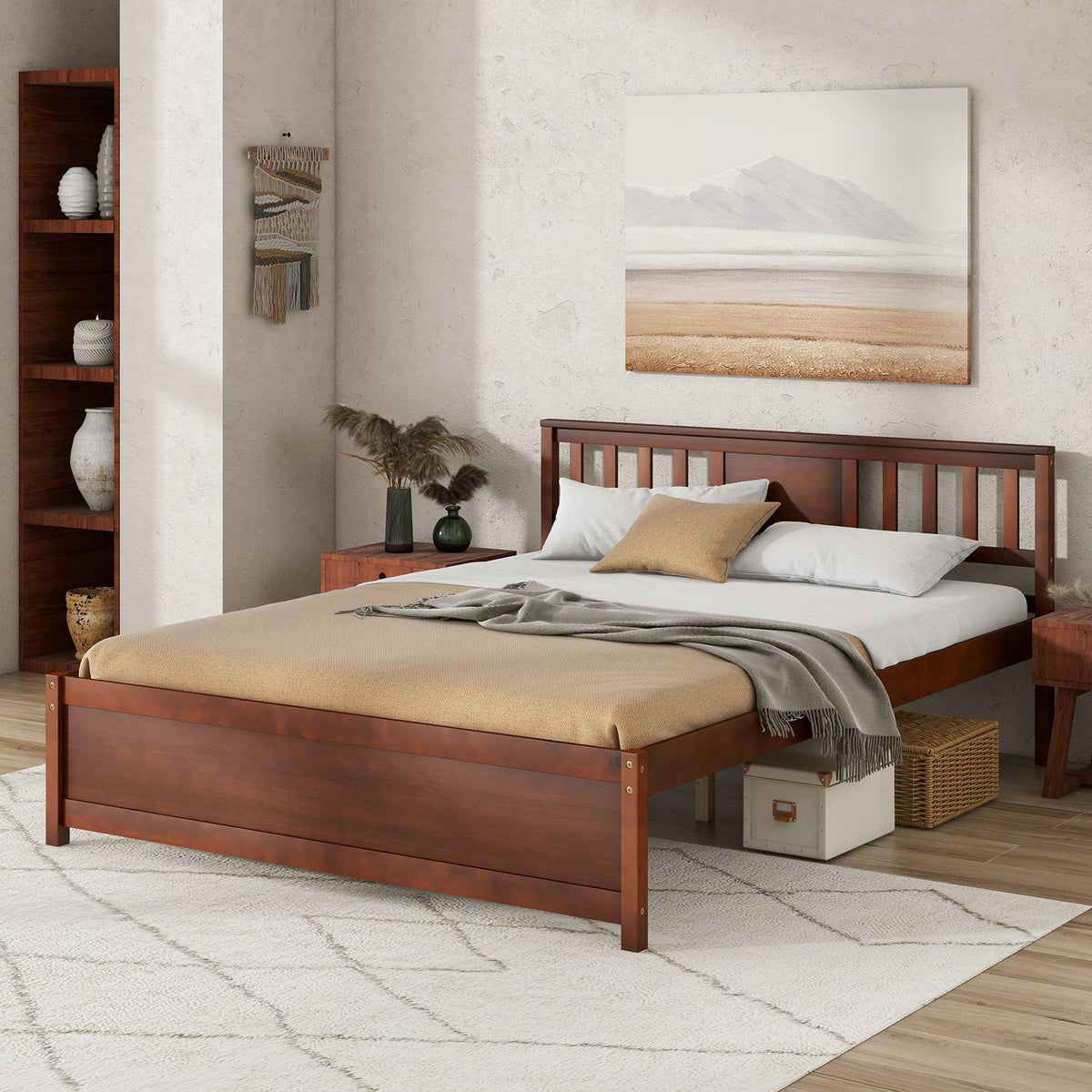 Wooden Platform Bed with Headboard and Slat Support