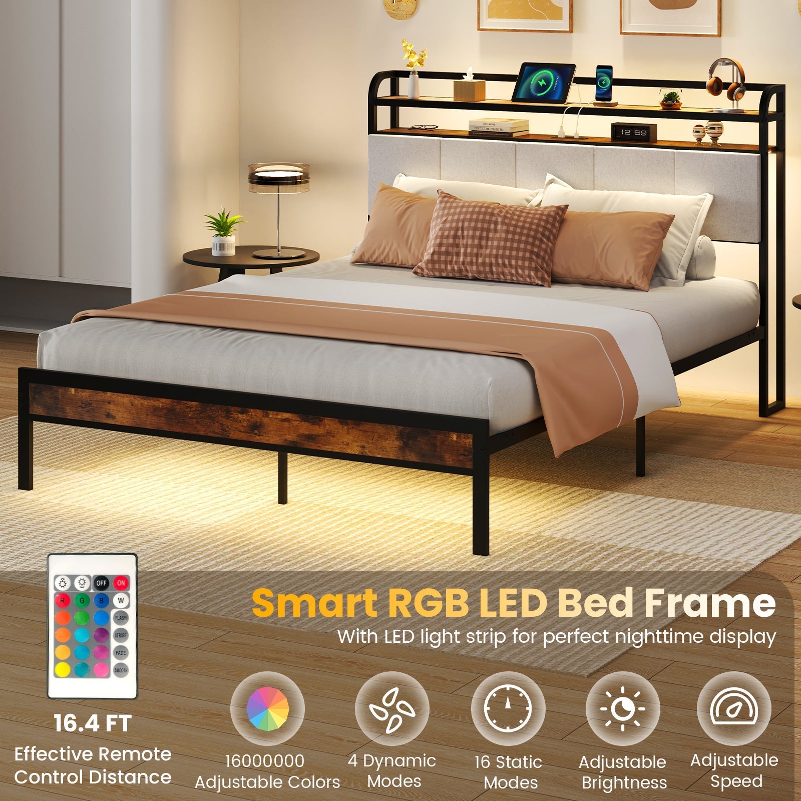 Twin/Full/Queen/King Size Bed Frame with LED Light and Charging Station