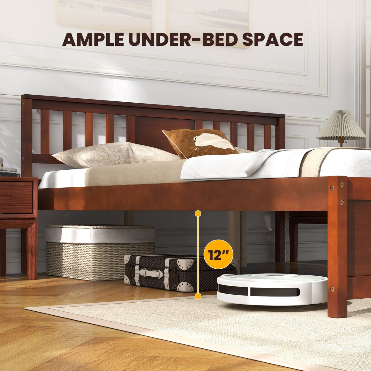 Wooden Platform Bed with Headboard and Slat Support