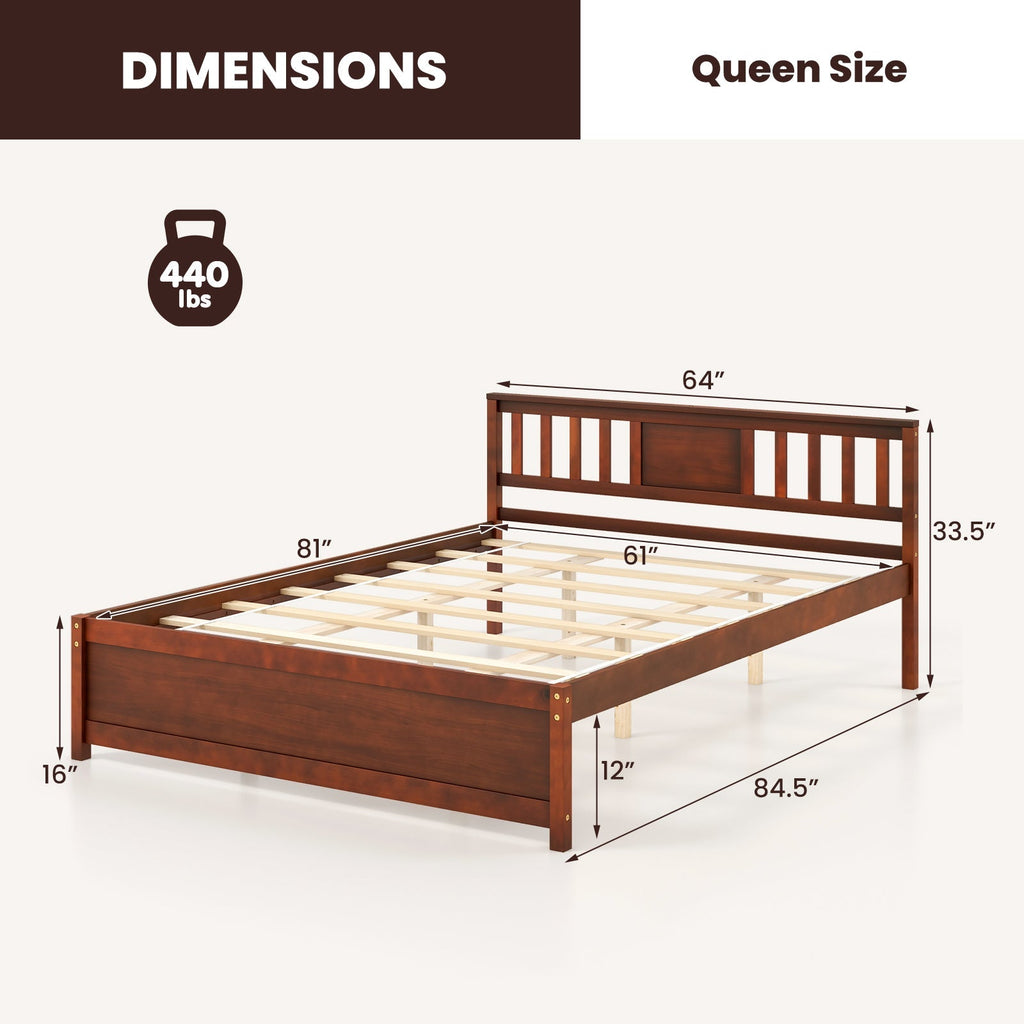 Wooden Platform Bed with Headboard and Slat Support