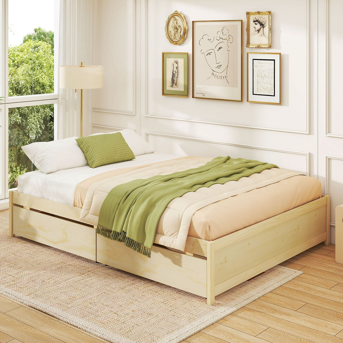 Queen Size Bed Frame with 2 Rolling Storage Drawers