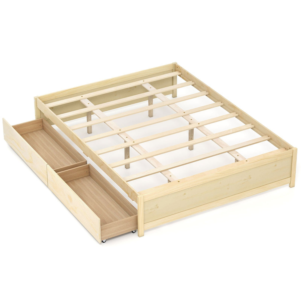 Queen Size Bed Frame with 2 Rolling Storage Drawers