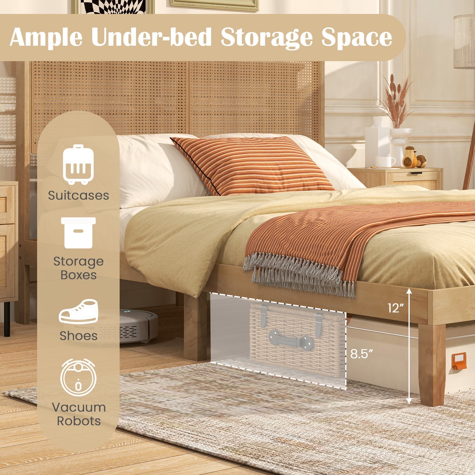 Twin/Full/Queen Size Bed Frame with Rattan Headboard