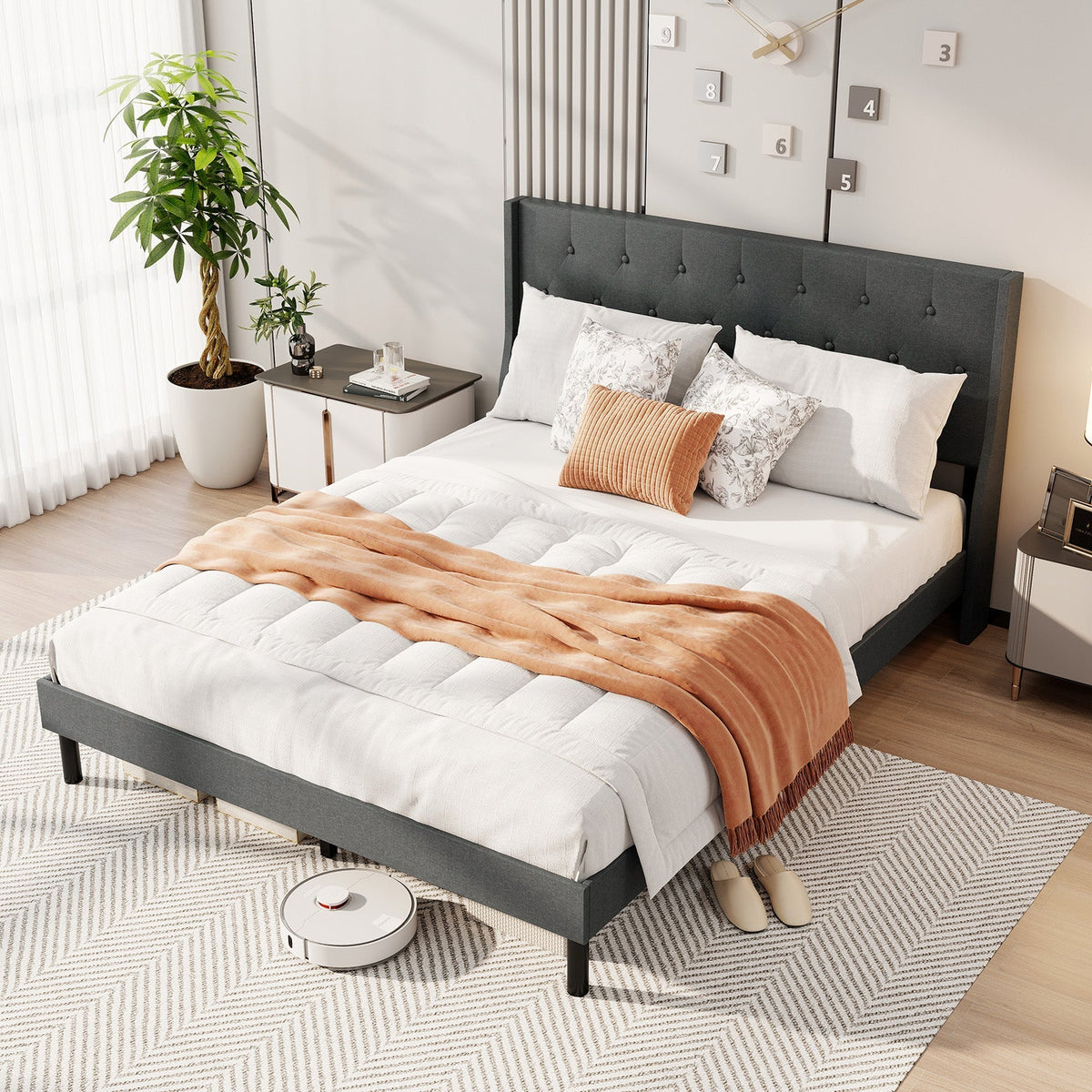 Queen Size Upholstered Bed Frame with Button Tufted Wingback Headboard and Wooden Slats Support Mattress Foundation-Gray