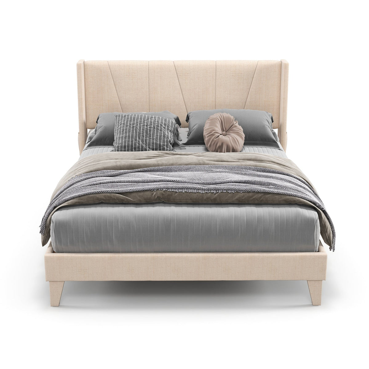 Full/Queen Size Upholstered Bed Frame with Geometric Wingback Headboard