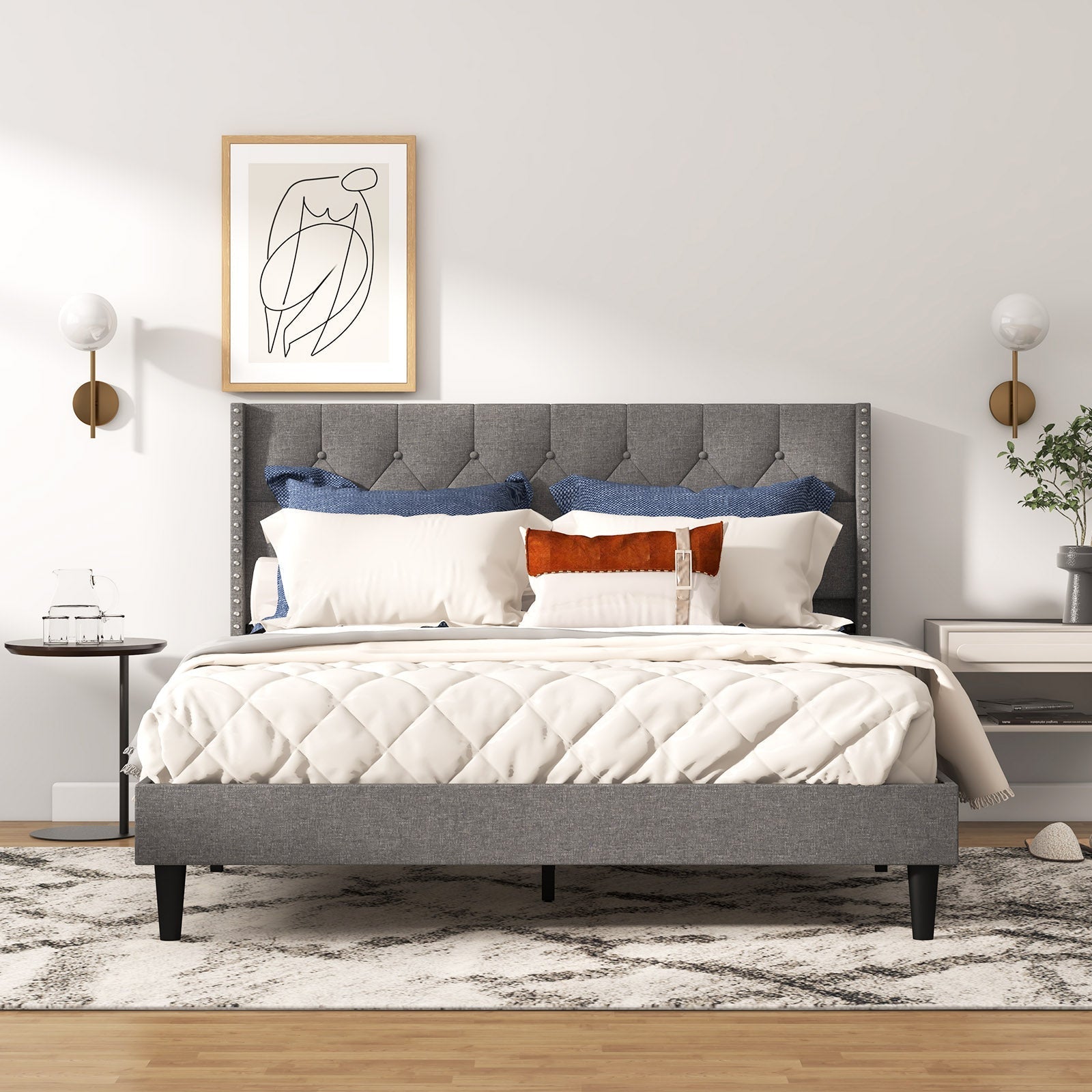 Full/Queen Size Upholstered Platform Bed with Button Tufted Headboard